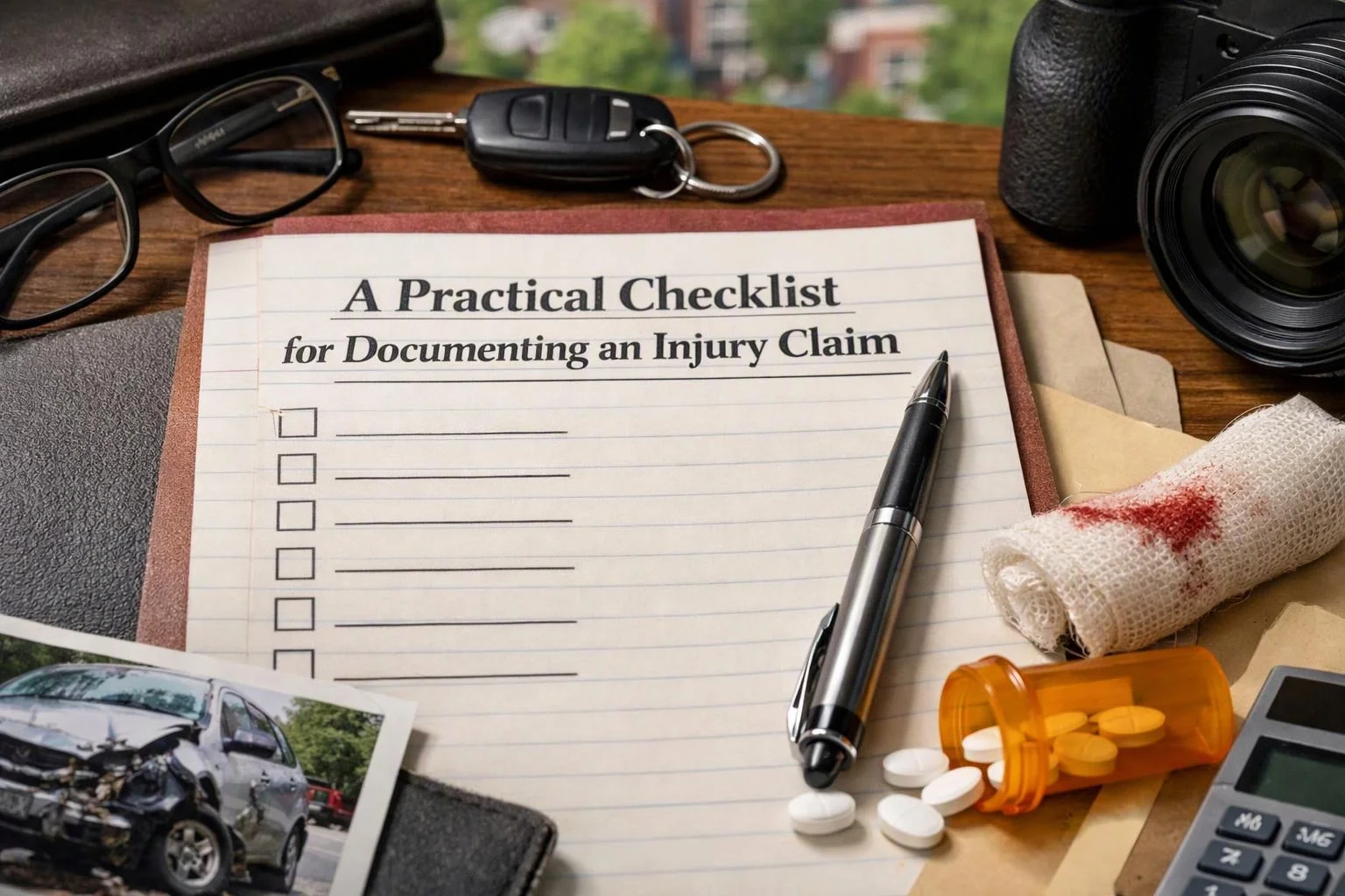 Macro product photograph of overhead flat-lay of items that represent "A Practical Checklist for Documenting an Injury Claim" in a Personal Injury