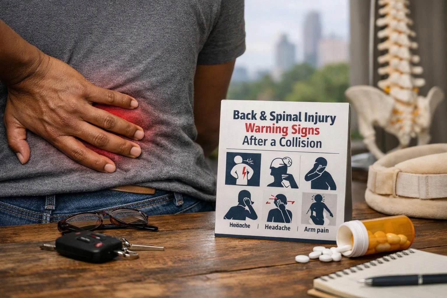 Advertising-grade tabletop still life photograph of wide establishing view of a setting where "Back and Spinal Injury Warning Signs After a Collision"
