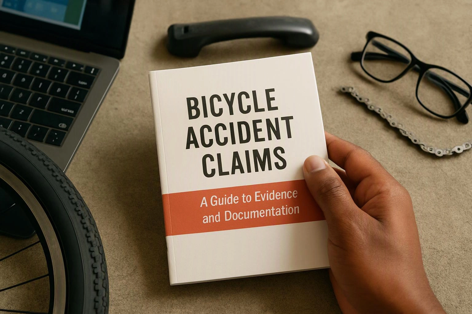 A hand holds a booklet titled “Bicycle Accident Claims” beside a laptop, glasses, phone handset, and bicycle wheel