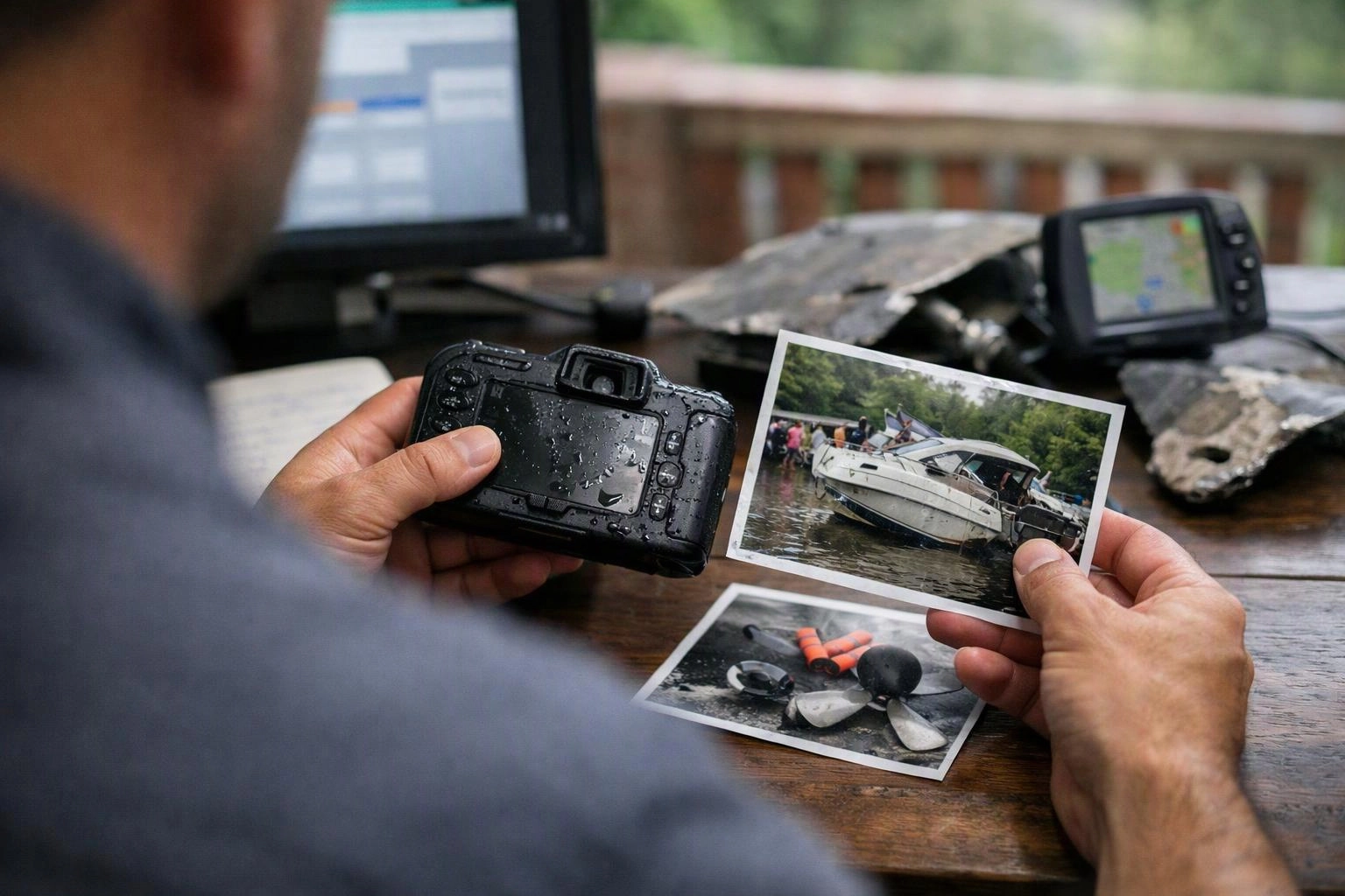 A person studies wet camera gear and printed boat photos at a wooden table outdoors