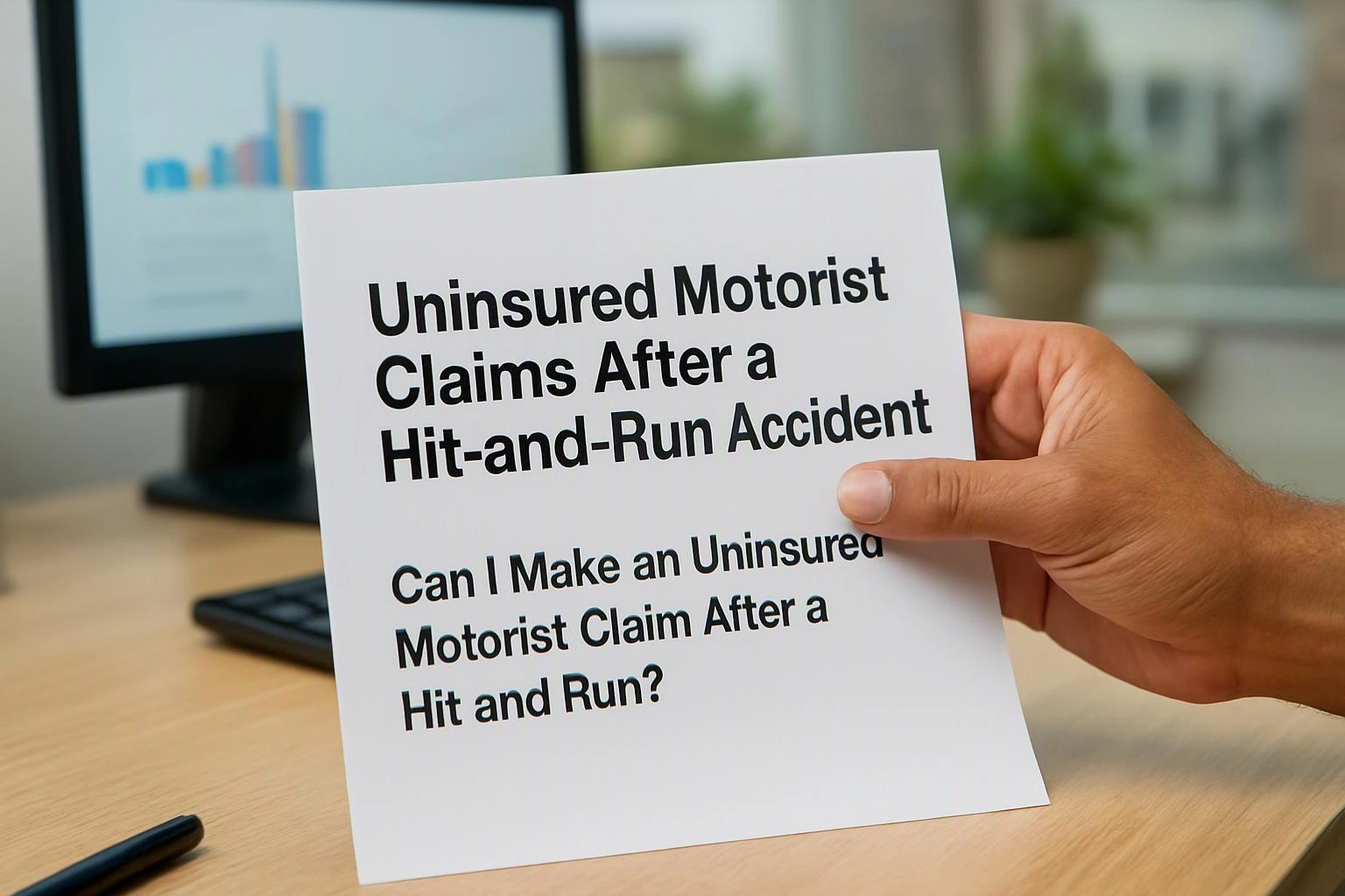 A hand holds a printed sheet about uninsured motorist claims over a desk with a computer monitor in the background