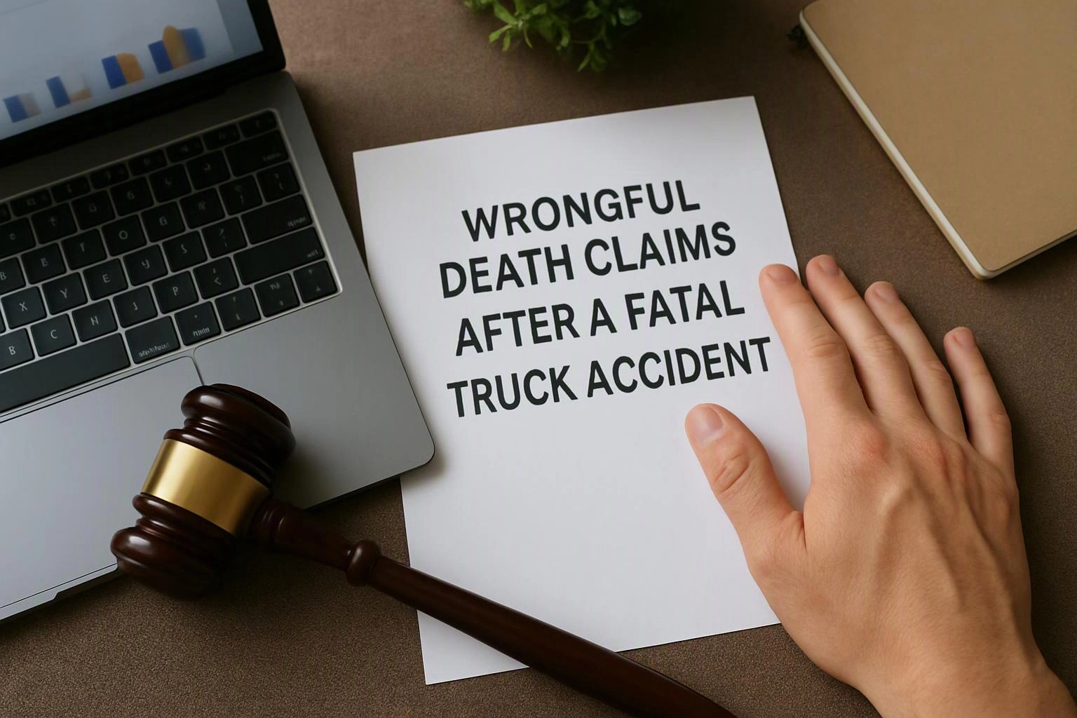 A hand rests on a paper reading “WRONGFUL DEATH CLAIMS AFTER A FATAL TRUCK ACCIDENT” beside a laptop and gavel