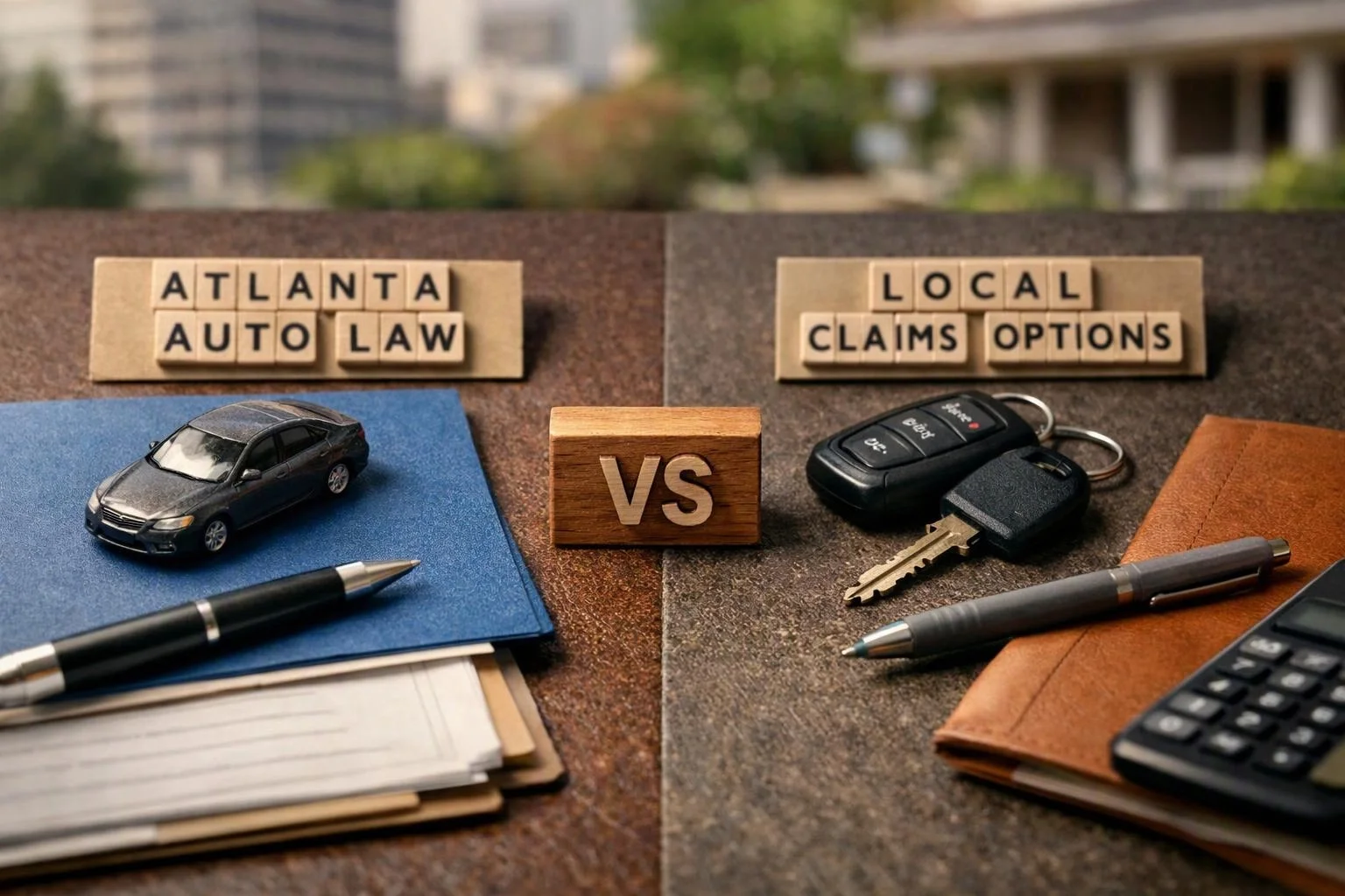 A split tabletop shows a toy car and papers beside keys, pens