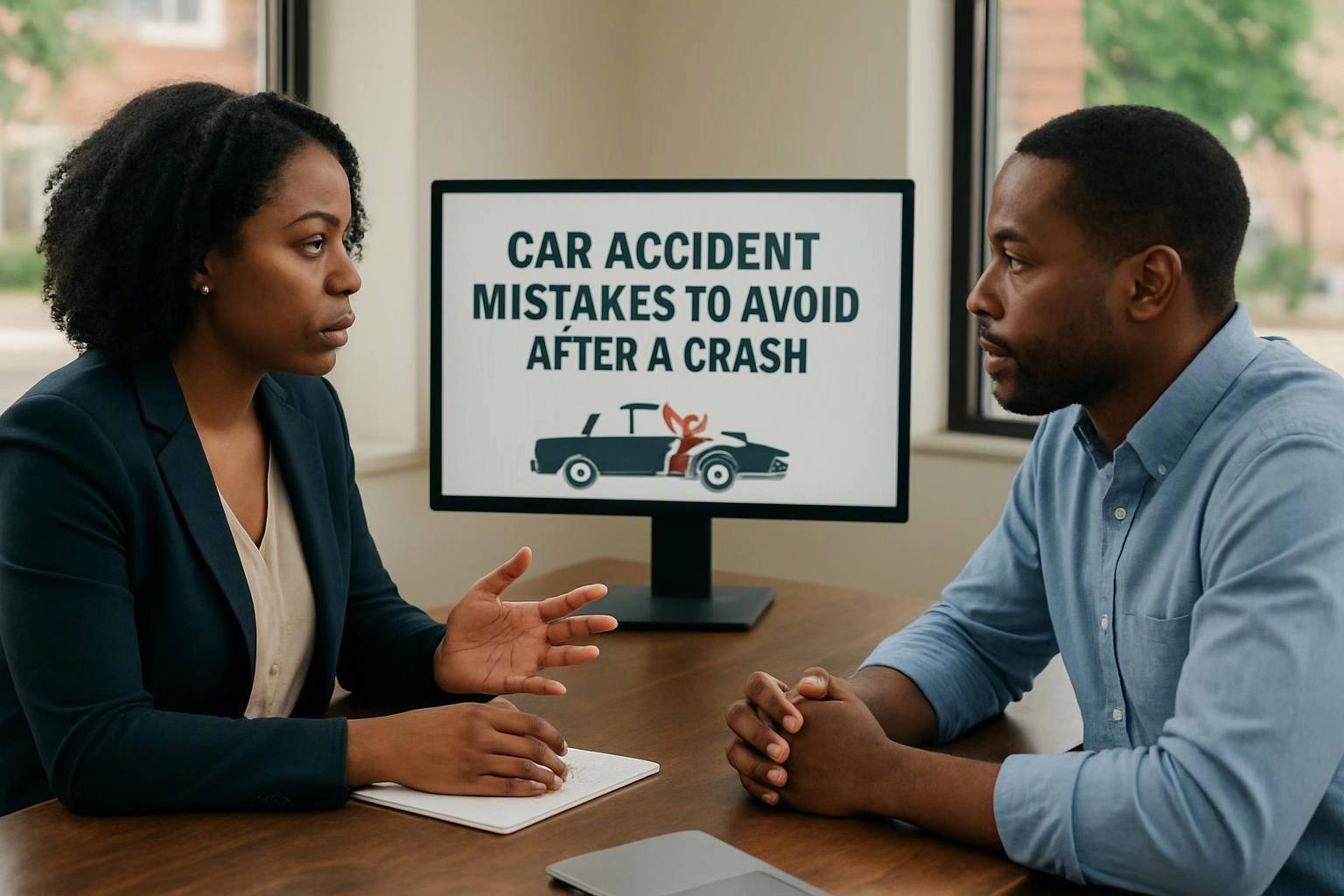 Two-person consultation photograph showing environmental still life in a real workspace where "Car Accident Mistakes to Avoid After a Crash" is planned