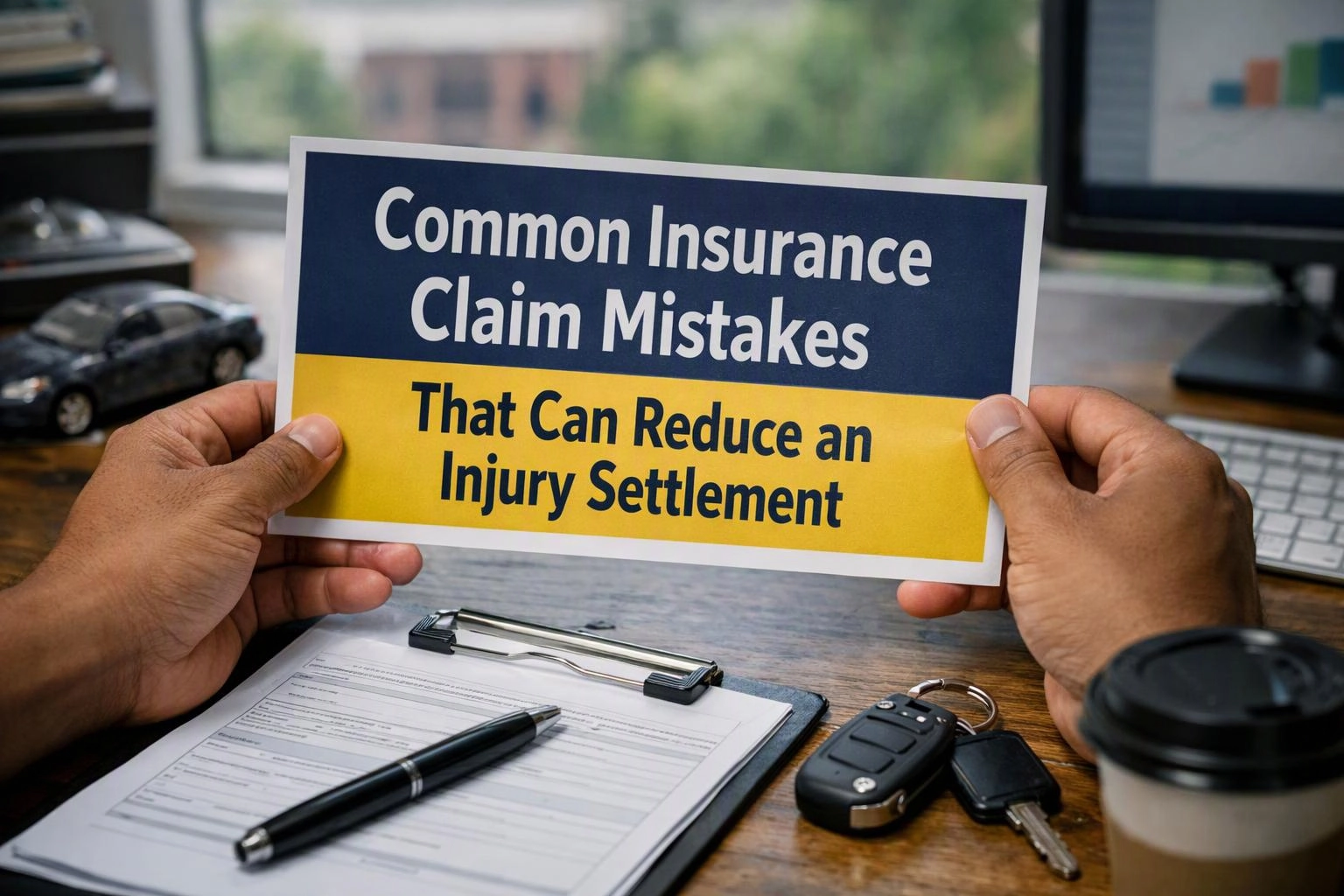 Lifestyle photograph of an environmental still life in a real workspace featuring text about insurance claim mistakes