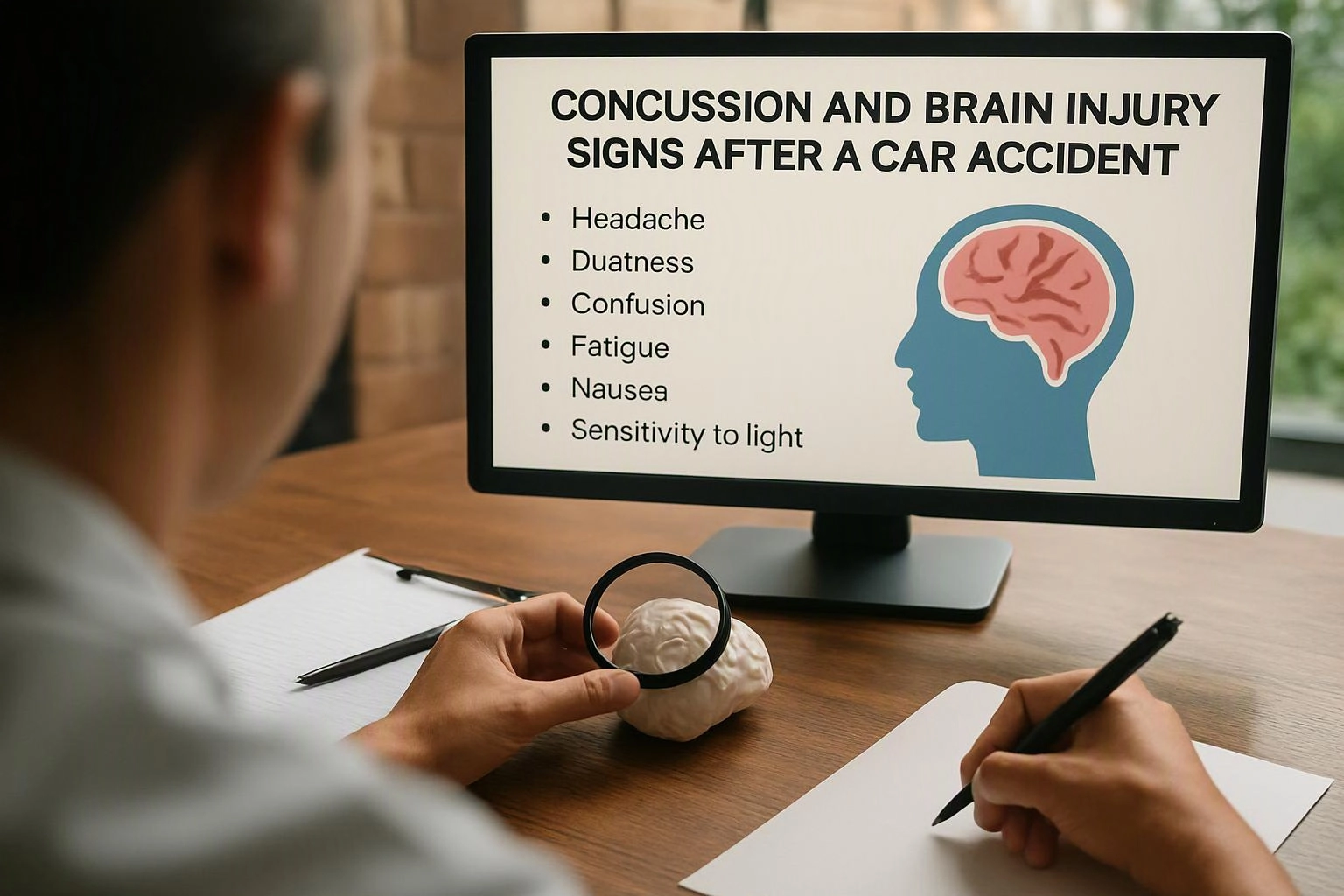 A person studies a brain model and notes a screen listing concussion signs after a car accident