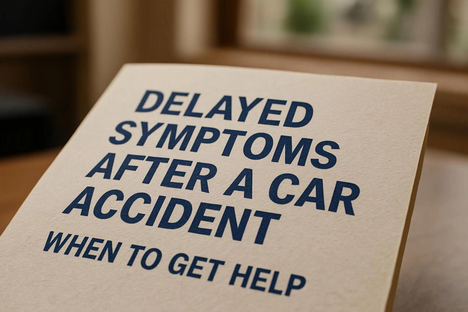A booklet cover reads “DELAYED SYMPTOMS AFTER A CAR ACCIDENT” and “WHEN TO GET HELP”
