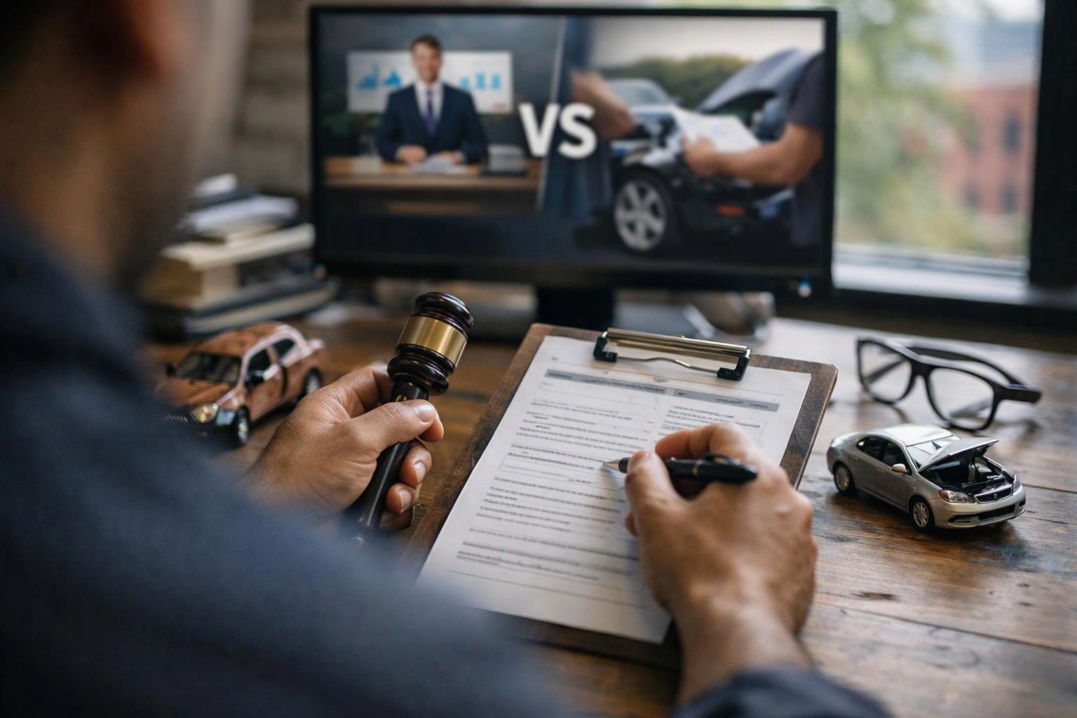 A person holds a gavel and fills out paperwork at a desk with toy cars and a monitor showing a car dispute scene