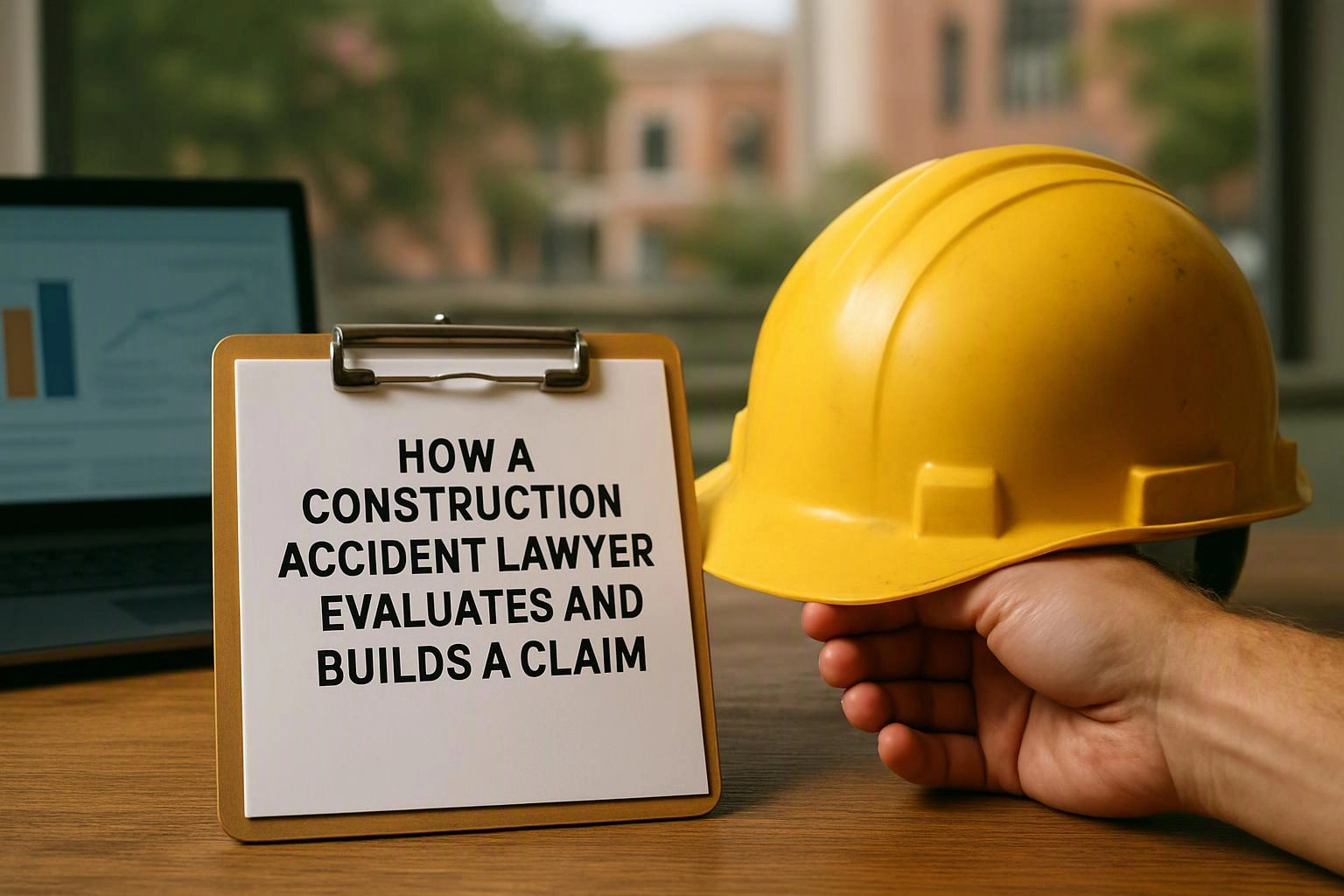 A hand holds a yellow hard hat beside a clipboard with bold text on a desk