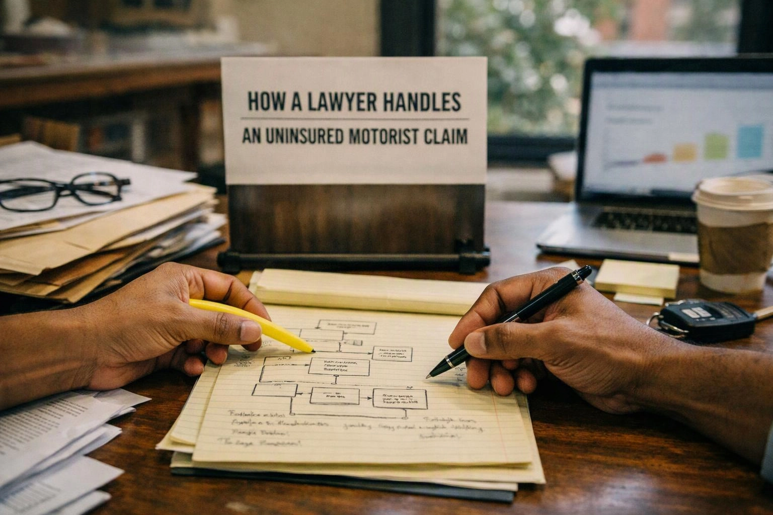 Two hands sketch a flowchart on a yellow legal pad beside a sign about an uninsured motorist claim