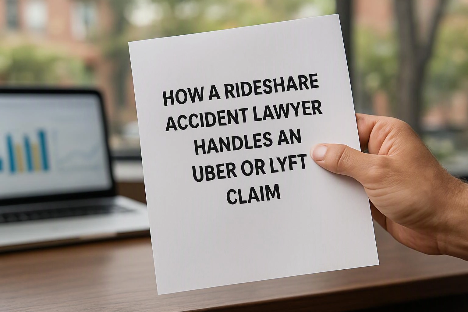 A hand holds a paper with bold text, beside a blurred laptop on a desk