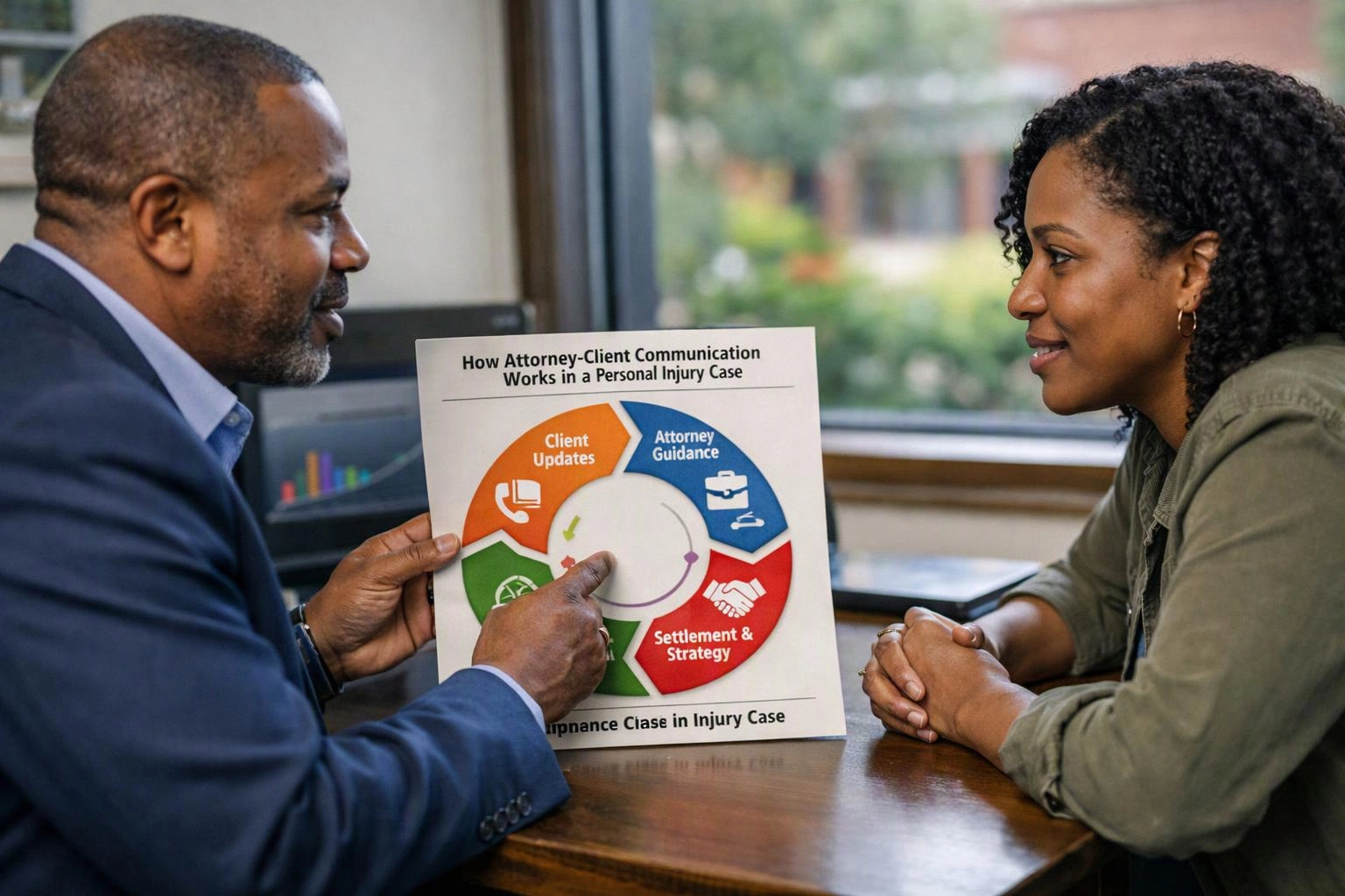 Two people talk at a desk while one points to a colorful lawyer-client communication chart in a bright office
