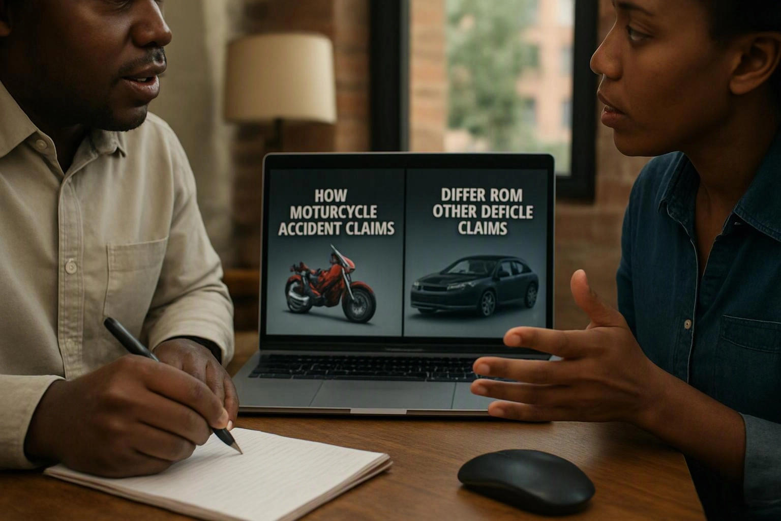Two people discuss notes at a desk beside a laptop showing motorcycle and car claim comparisons