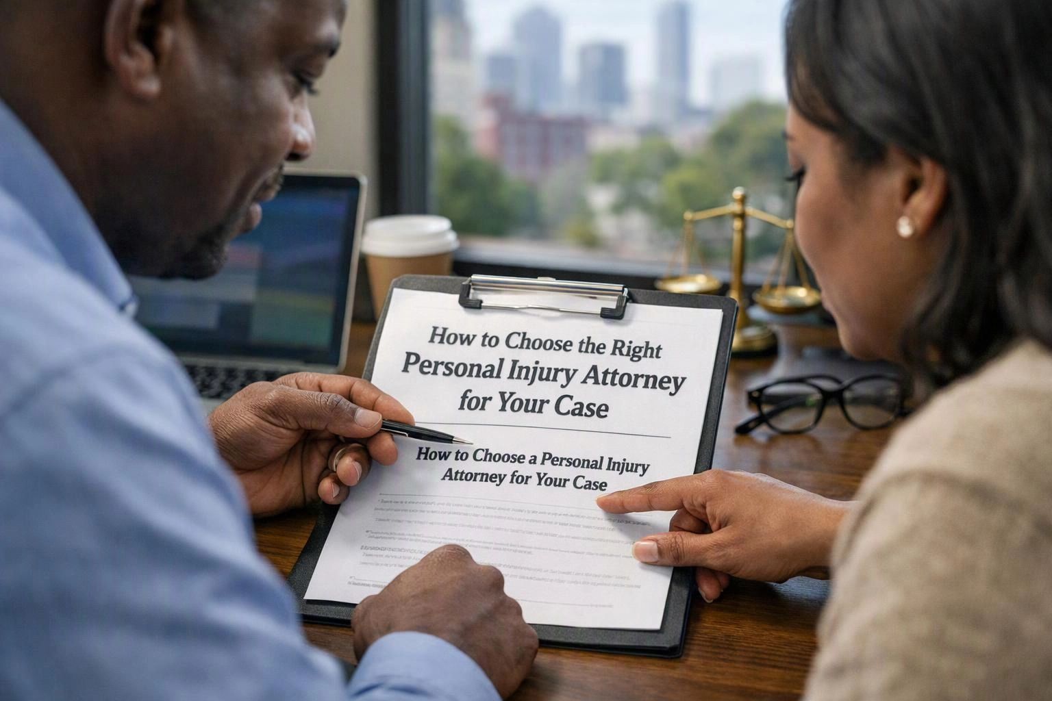 Two people review a clipboard document about choosing a personal injury attorney at a desk with a laptop and coffee cup