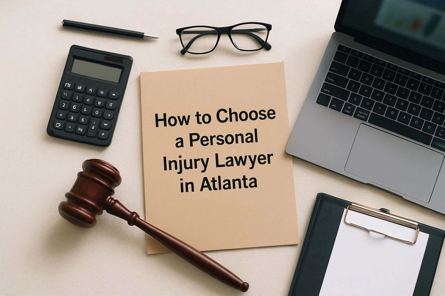 A legal office desk shows a laptop, calculator, gavel, glasses