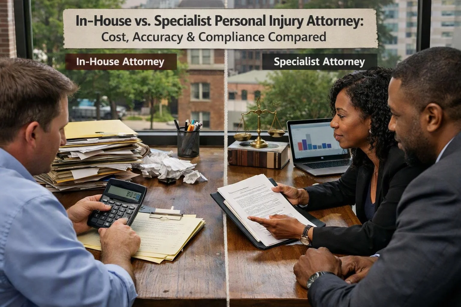 advertising photography of a clear visual metaphor illustrating what "In-House vs Specialist Personal Injury Attorney: Cost