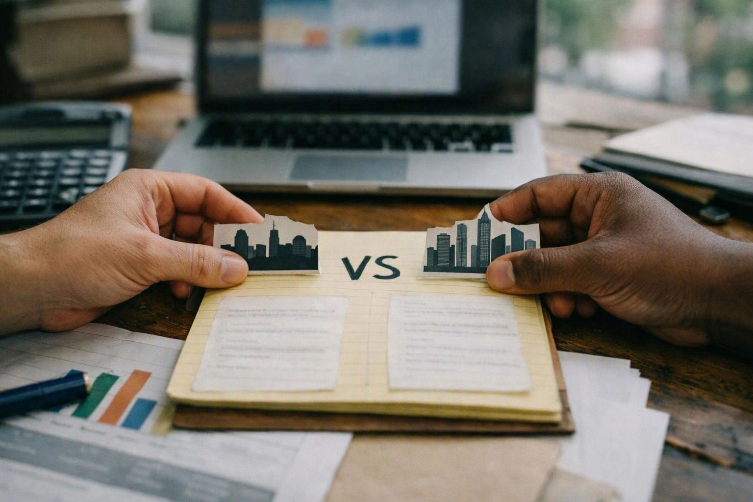 Two hands hold city skyline cutouts over a notebook labeled âVSâ on a desk with a laptop and papers