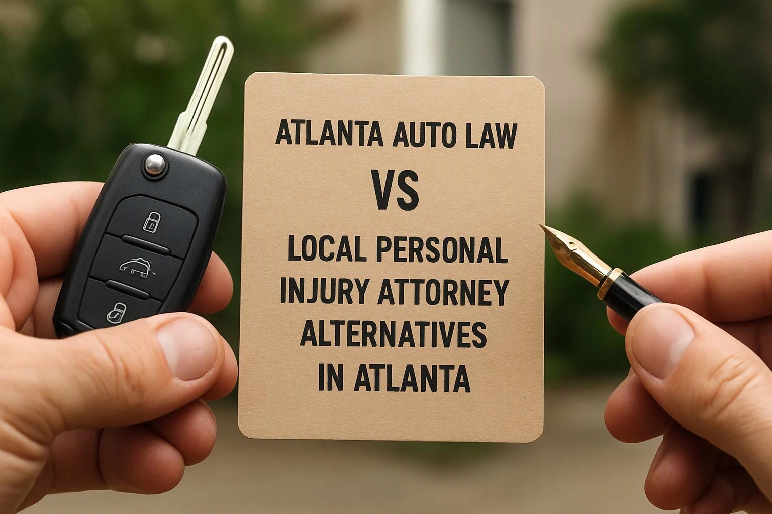Hands hold a car key, a fountain pen