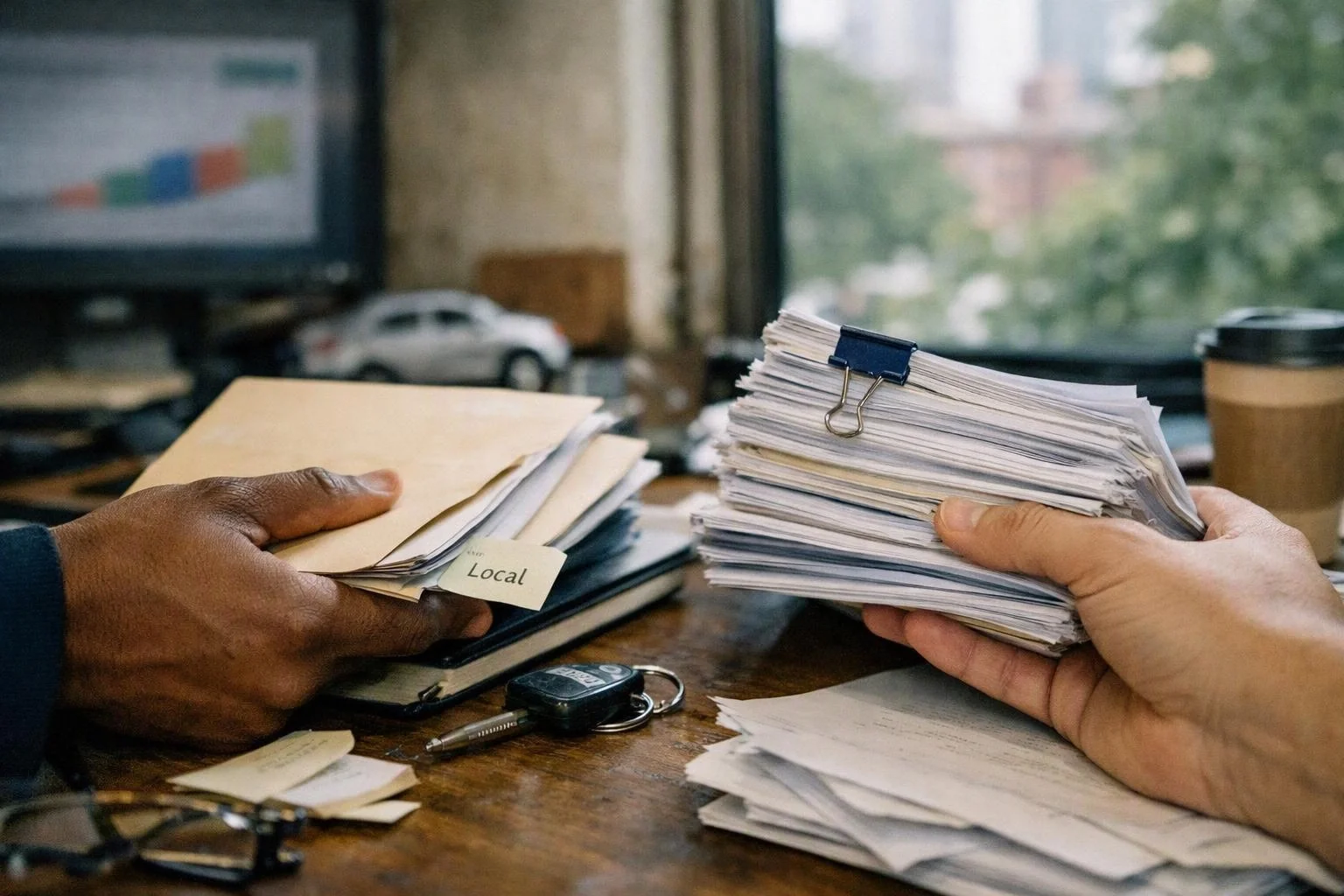 Two hands hold stacks of paper folders and clipped documents across a cluttered desk near a window