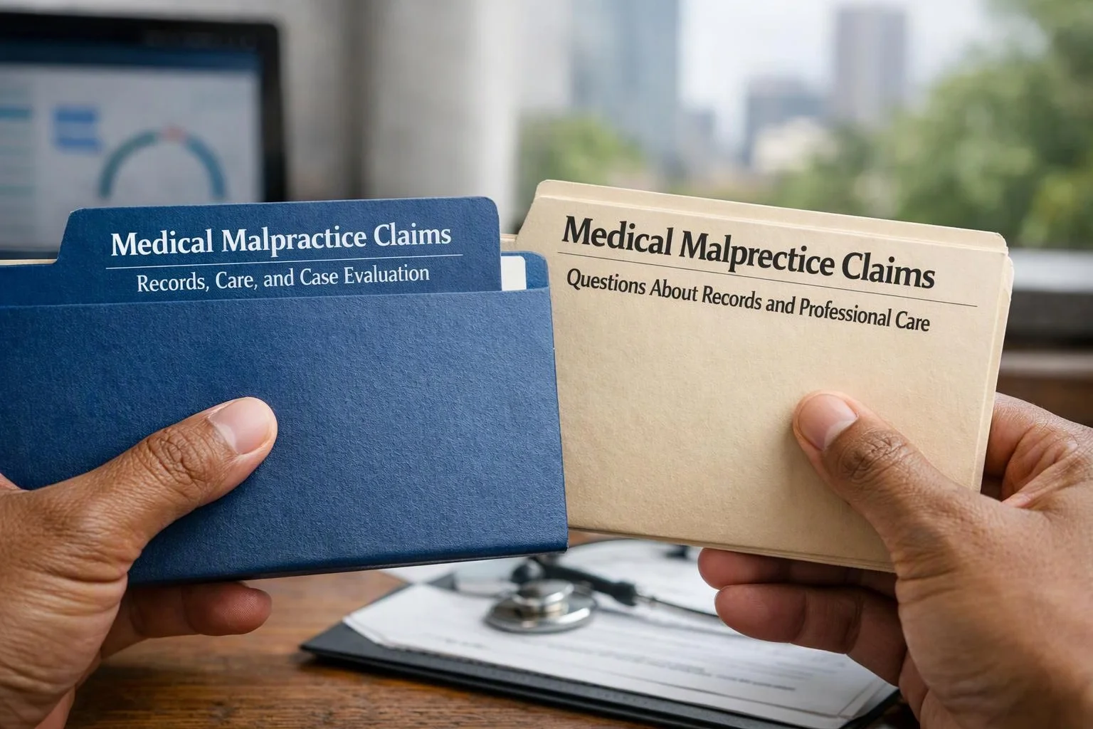 Hands hold two file folders labeled medical malpractice claims in front of a desk with a blurred computer and paperwork
