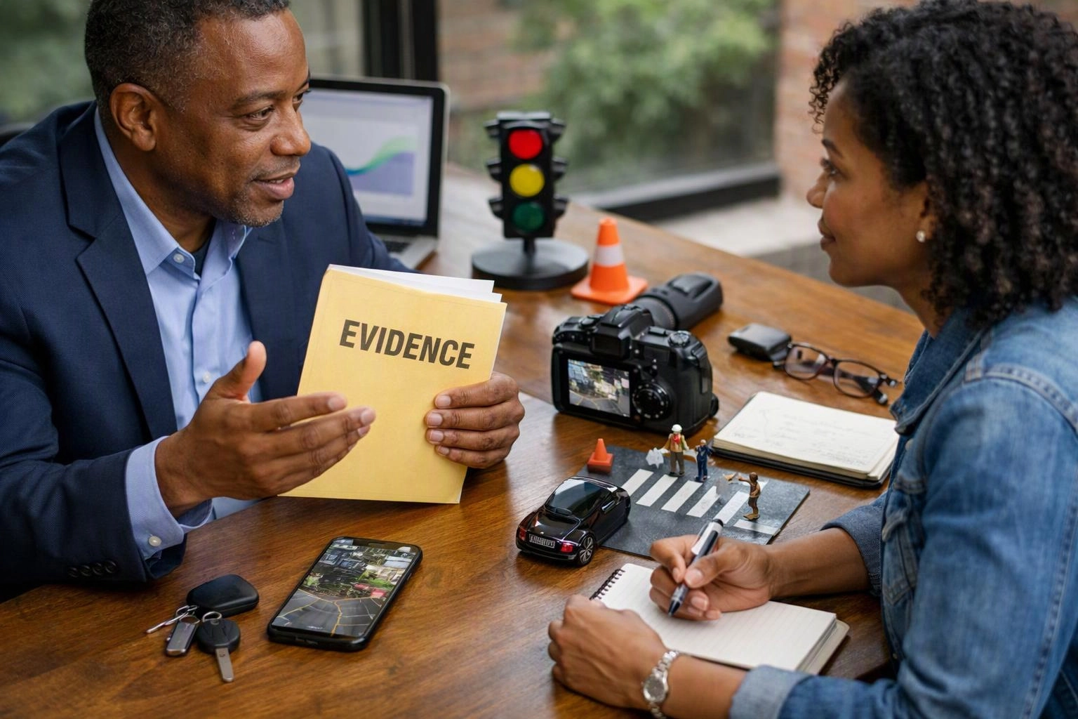 Two-person consultation photograph showing overhead flat-lay of items that represent "Pedestrian Accident Claims: Evidence