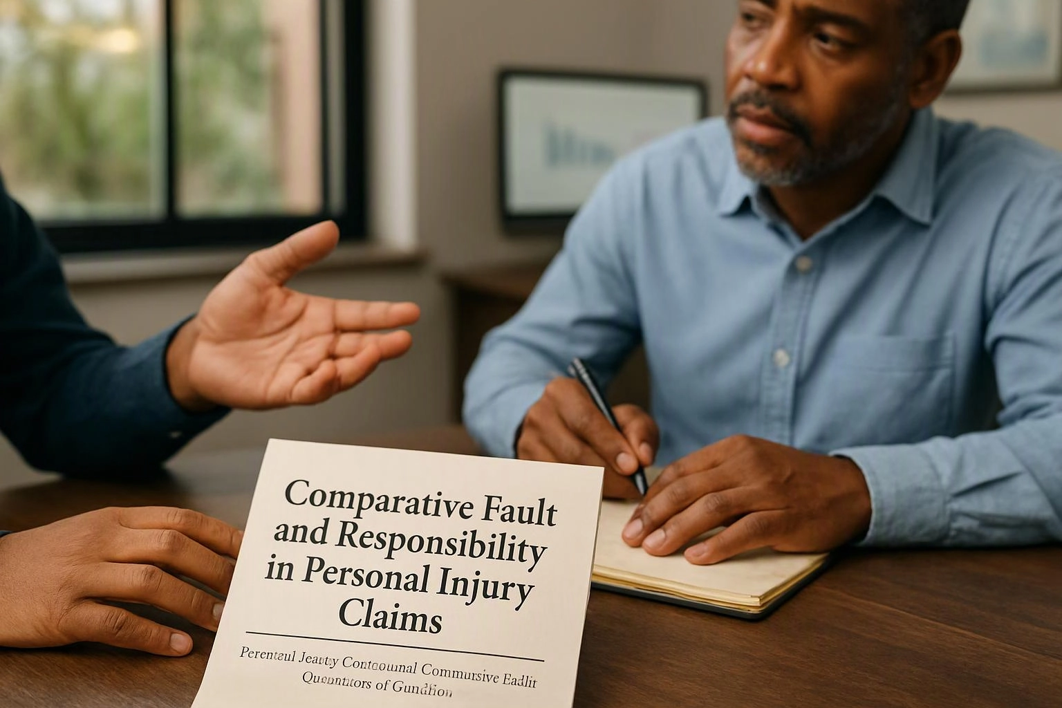 A man writes in a notebook while another person gestures across a table beside a sign about personal injury claims