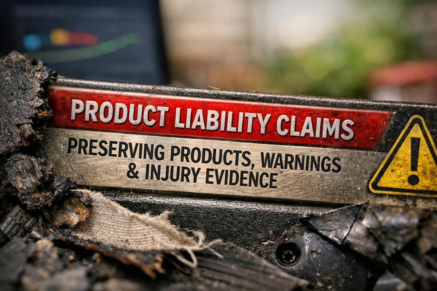 A charred sign reads “PRODUCT LIABILITY CLAIMS” and “PRESERVING PRODUCTS, WARNINGS & INJURY EVIDENCE” with a warning icon