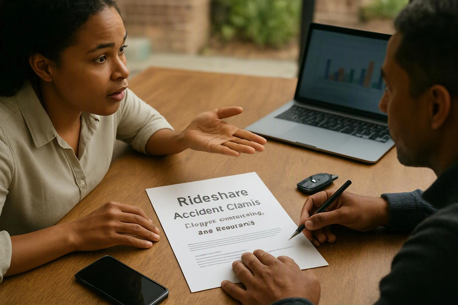 Advertising-grade tabletop still life photograph of overhead flat-lay of items that represent "Rideshare Accident Claims