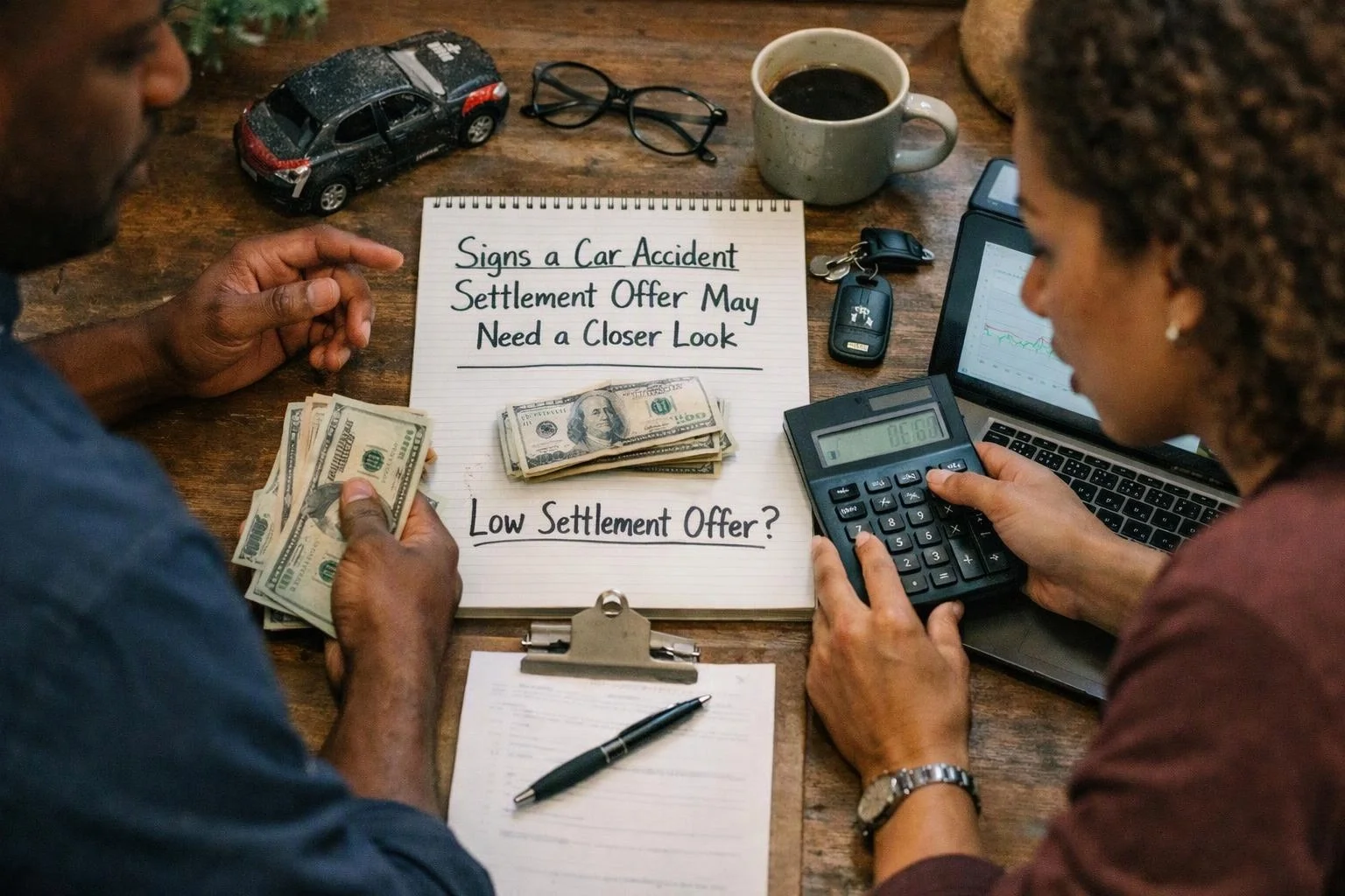 Two people count cash at a wooden table with a notebook, calculator, coffee mug, laptop, and car keys nearby