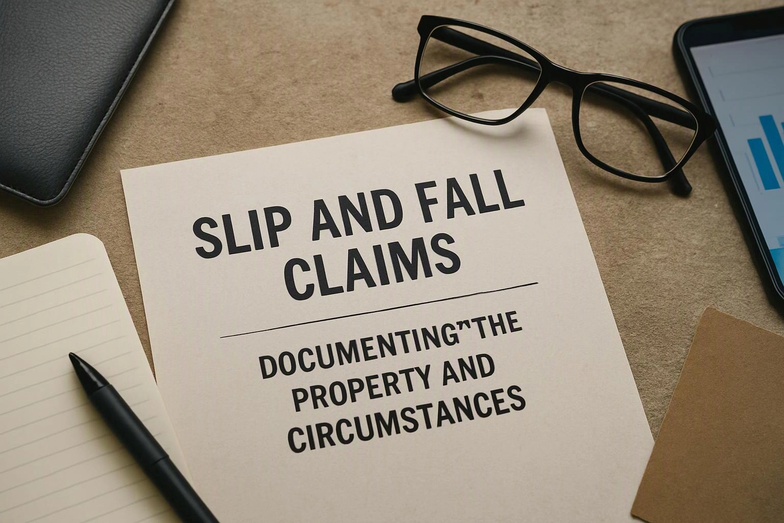 Macro product photograph of overhead flat-lay of items that represent "Slip and Fall Claims