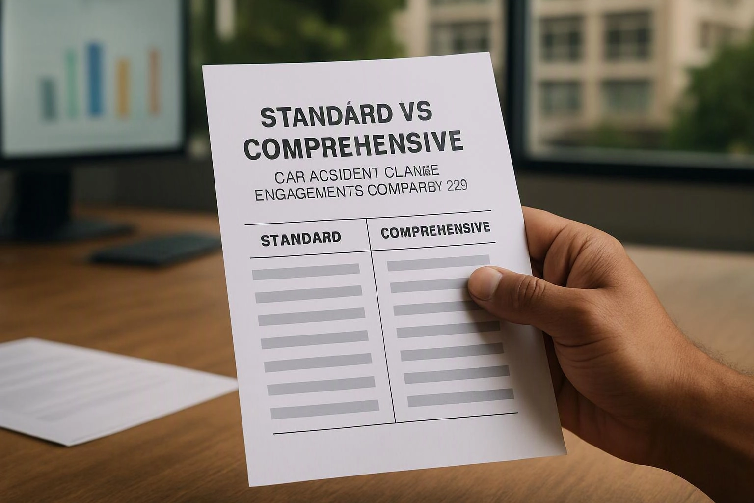 A hand holds a printed comparison sheet titled “STANDARD VS COMPREHENSIVE” over a desk in an office-like room