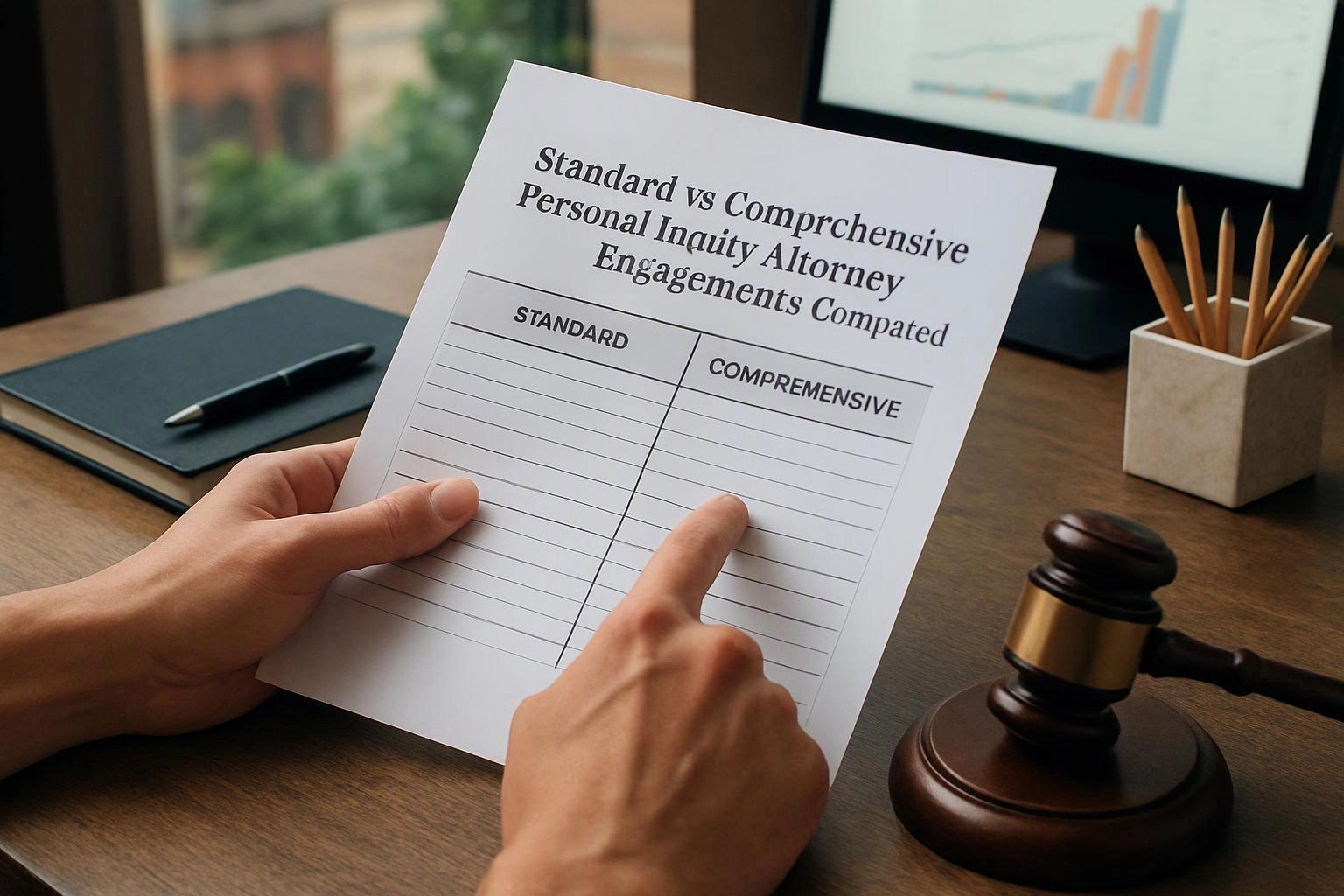 Hands hold a printed comparison sheet at a desk beside a gavel, pen, pencil cup, and monitor