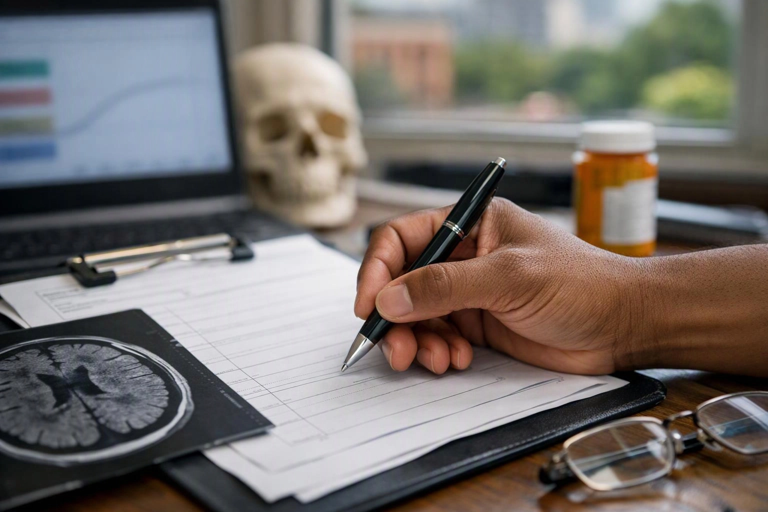 A hand writes on paperwork beside a brain scan, laptop, skull, pill bottle, and glasses on a desk