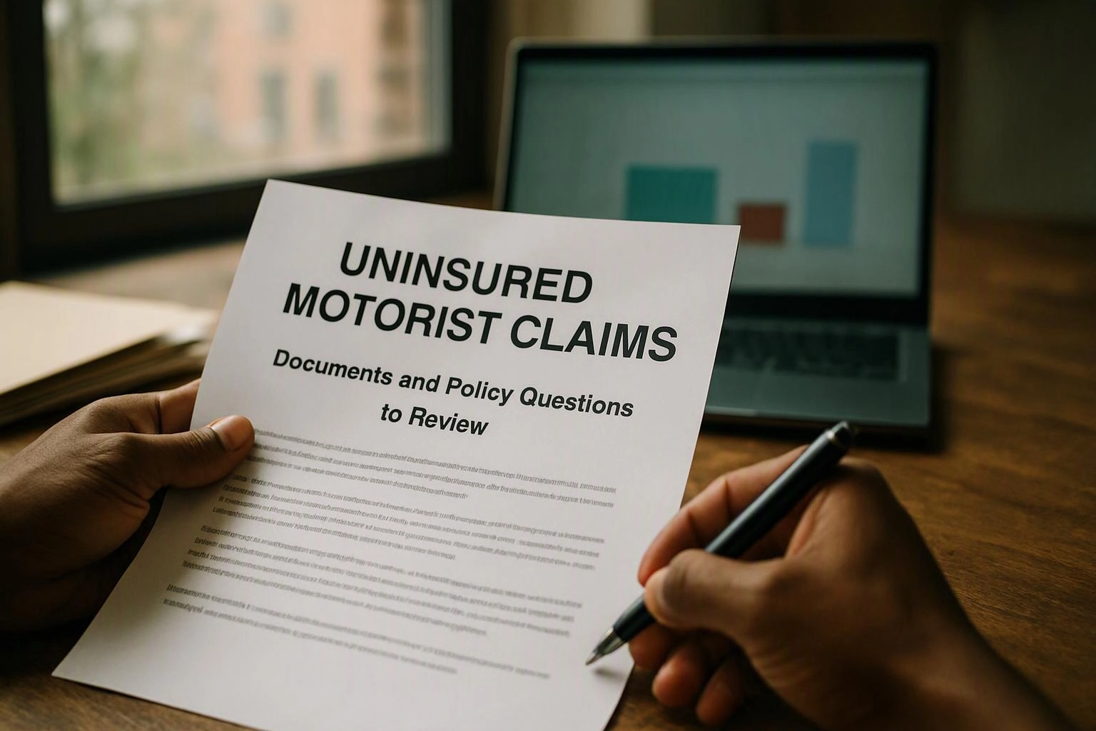 Hands hold a paper titled “UNINSURED MOTORIST CLAIMS” while a laptop with a chart sits on a desk