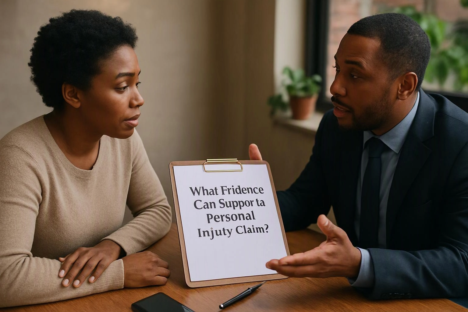 Two-person consultation photograph showing overhead flat-lay of items that represent "What Evidence Can Support a Personal Injury Claim?" in a Personal Injury