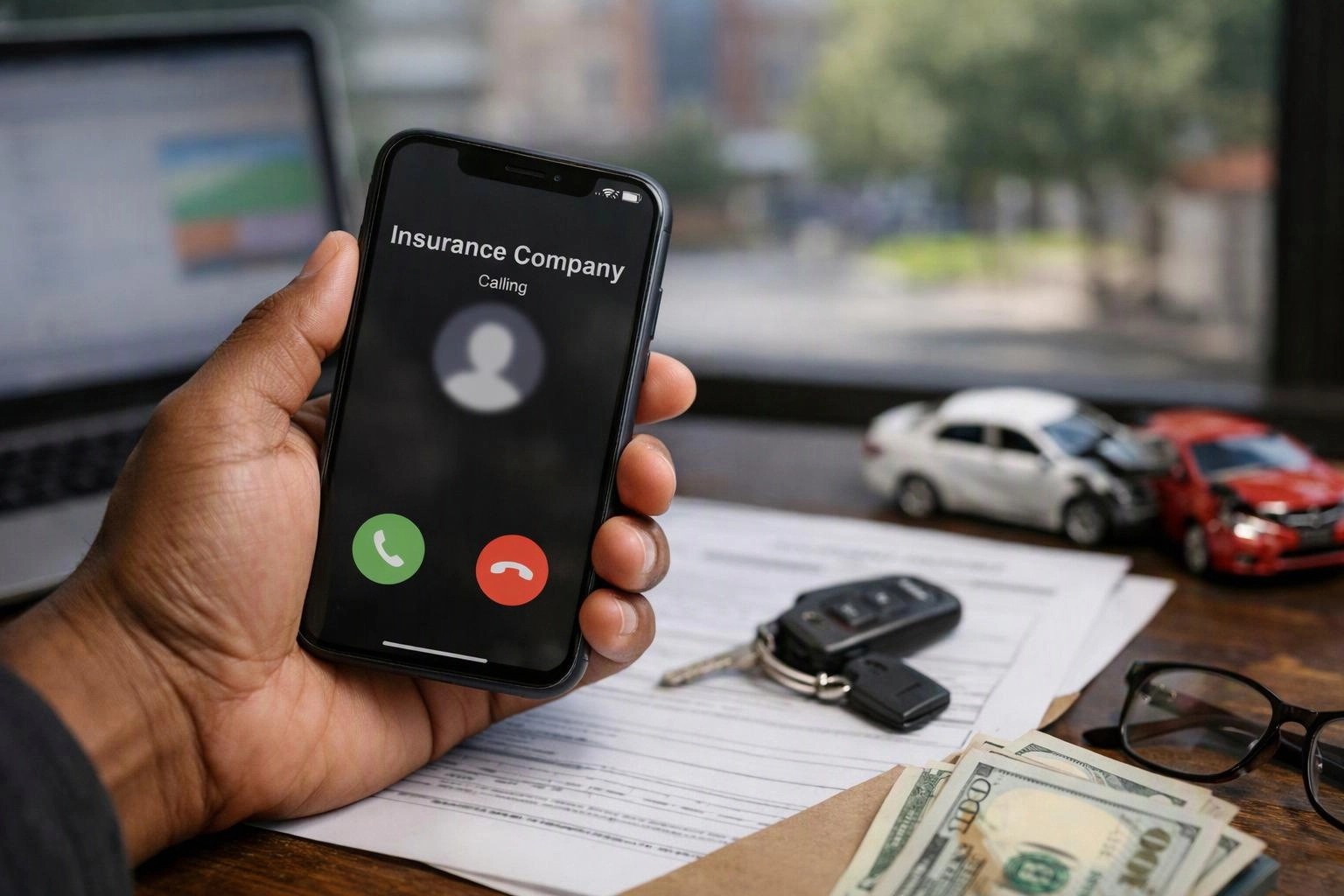 A hand holds a phone showing an insurance company call over papers, car keys, toy cars, cash, and glasses on a desk