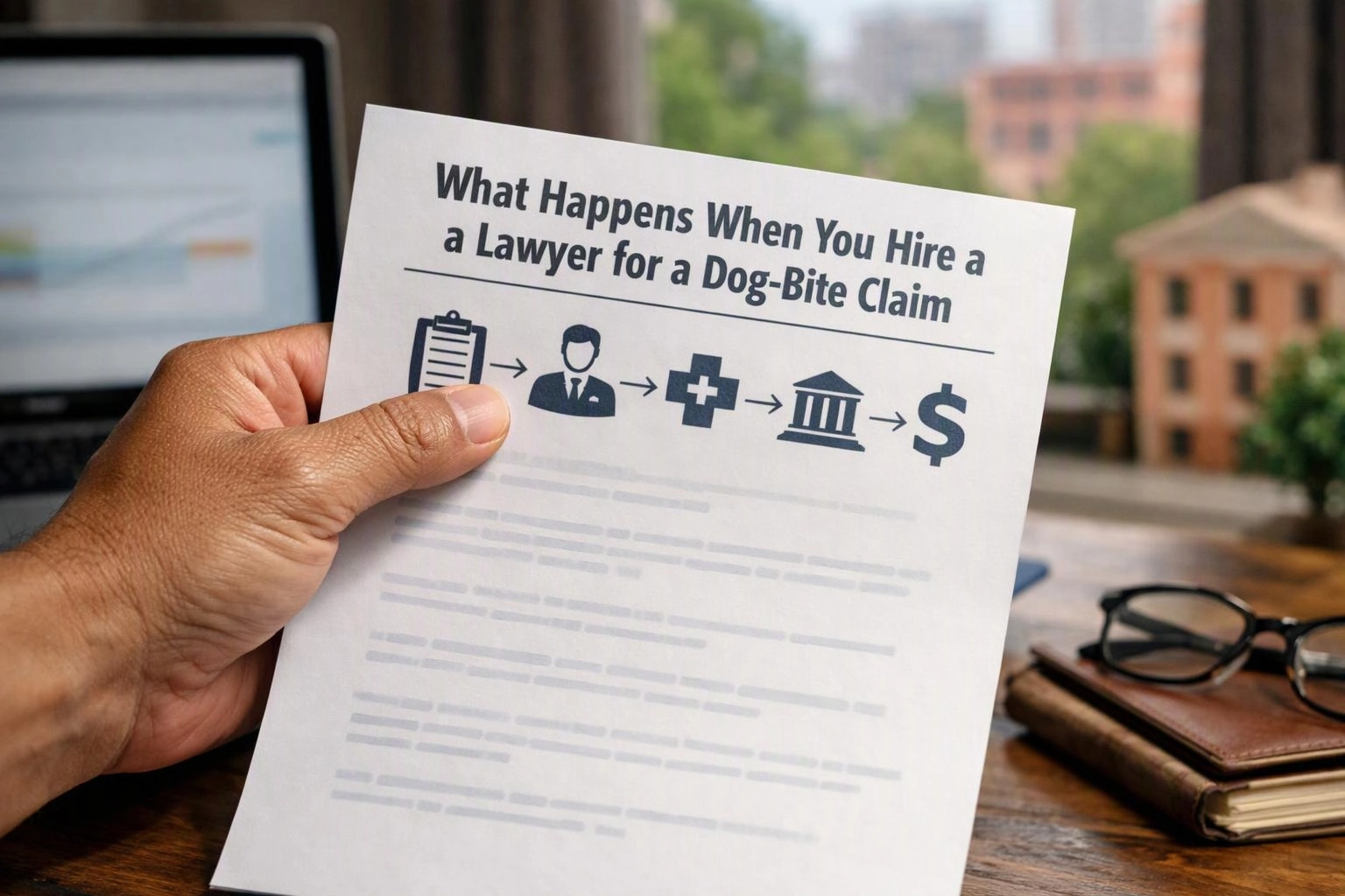 A hand holds a flyer about a dog-bite claim with legal icons beside a desk and laptop