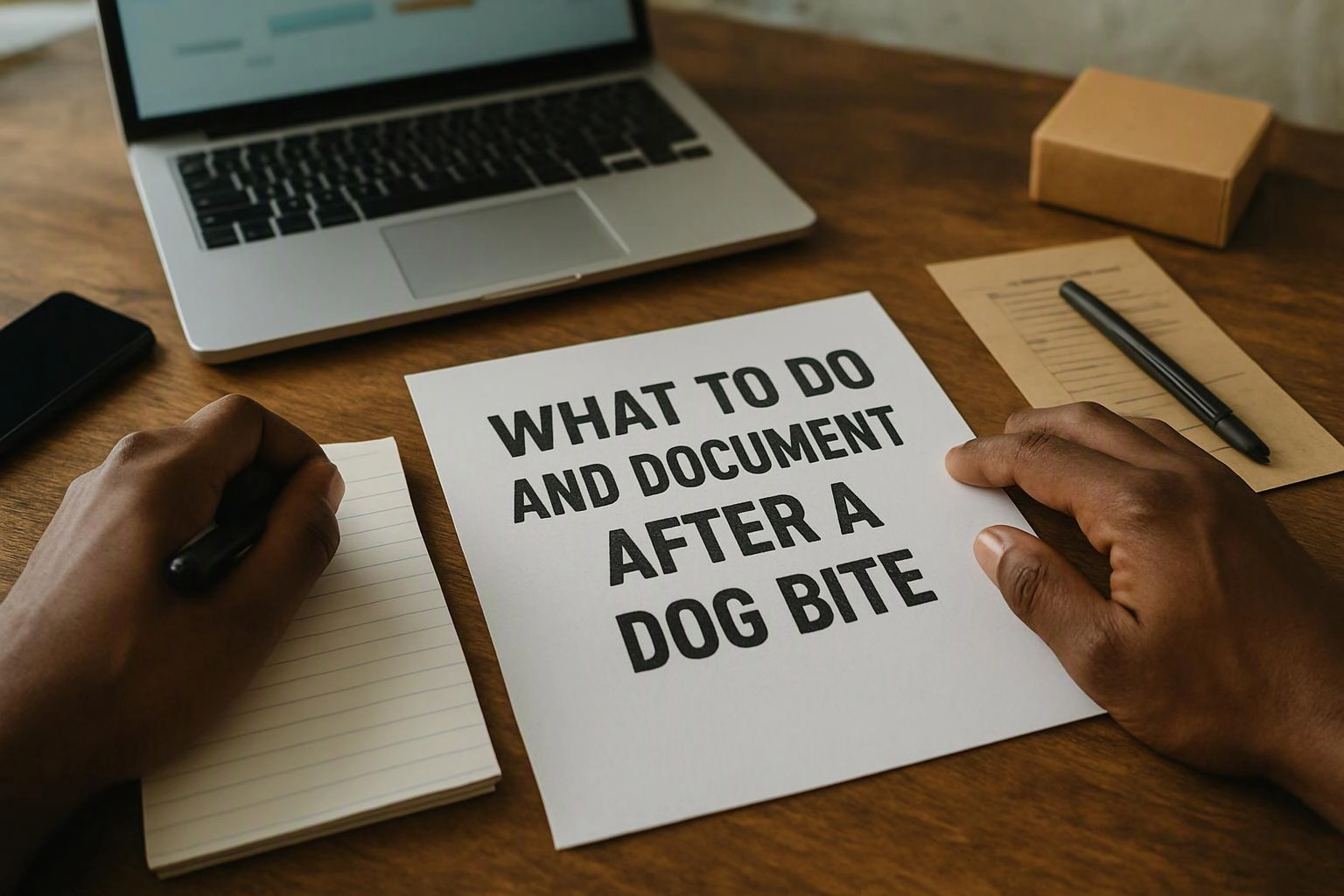 Hands hold a pen over a notebook beside a paper that reads, "WHAT TO DO AND DOCUMENT AFTER A DOG BITE"