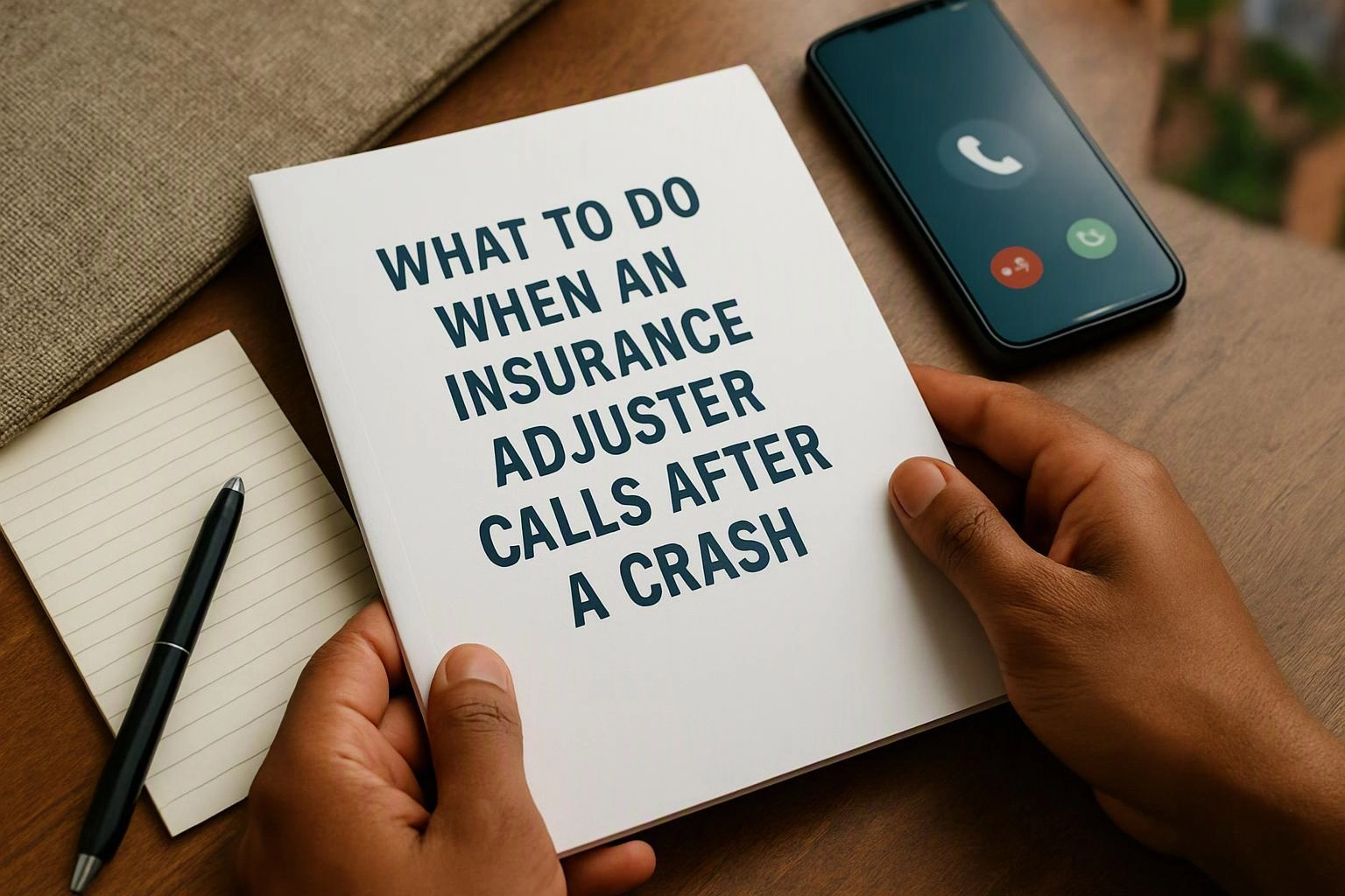 Hands hold a booklet titled "WHAT TO DO WHEN AN INSURANCE ADJUSTER CALLS AFTER A CRASH" beside a phone and notepad