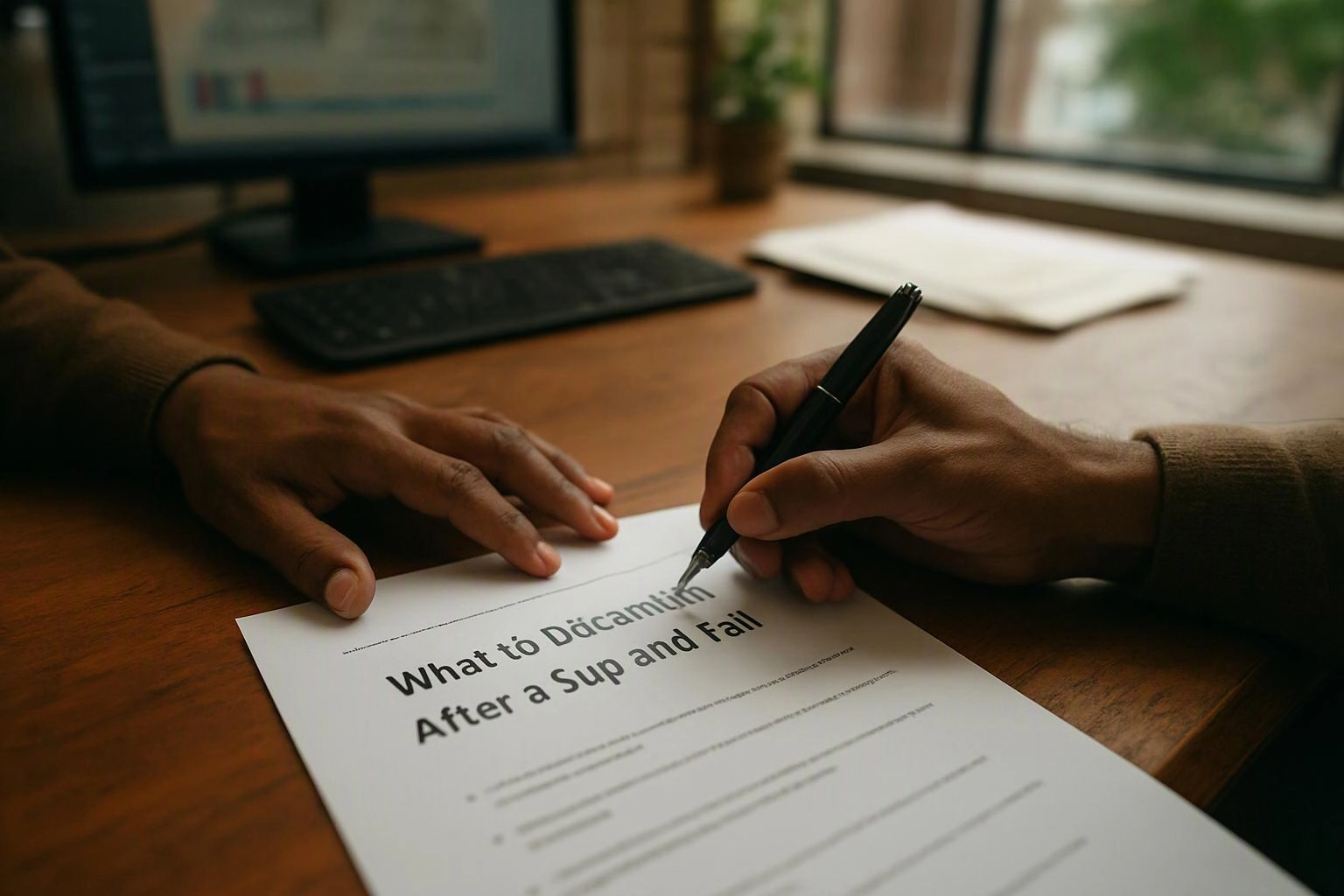 A person writes on a paper form at a wooden desk beside a computer keyboard and monitor