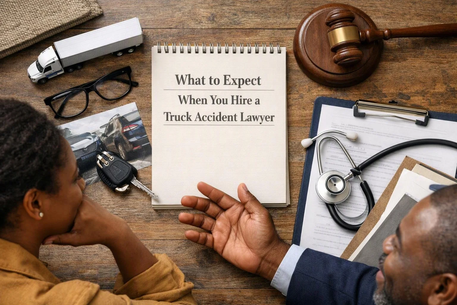 Advertising-grade tabletop still life photograph of overhead flat-lay of items that represent "What to Expect When You Hire a Truck Accident Lawyer"