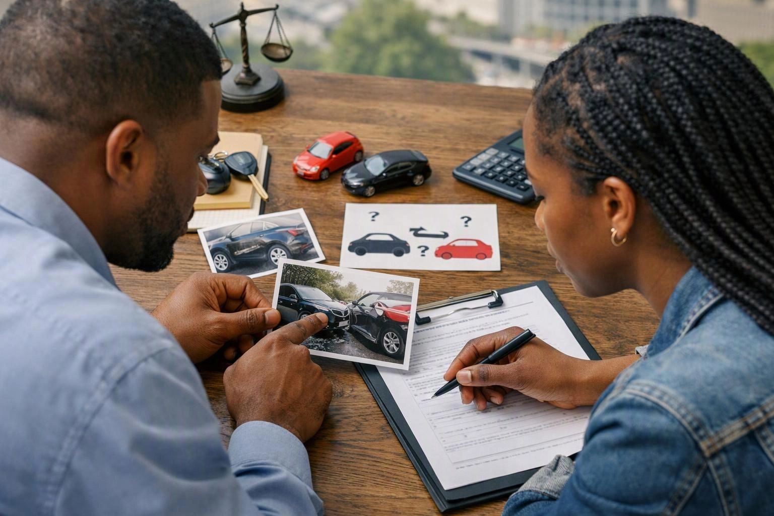 Advertising-grade tabletop still life photograph of overhead flat-lay of items that represent "When Disputed Fault Makes a Car Accident Claim More Complicated"