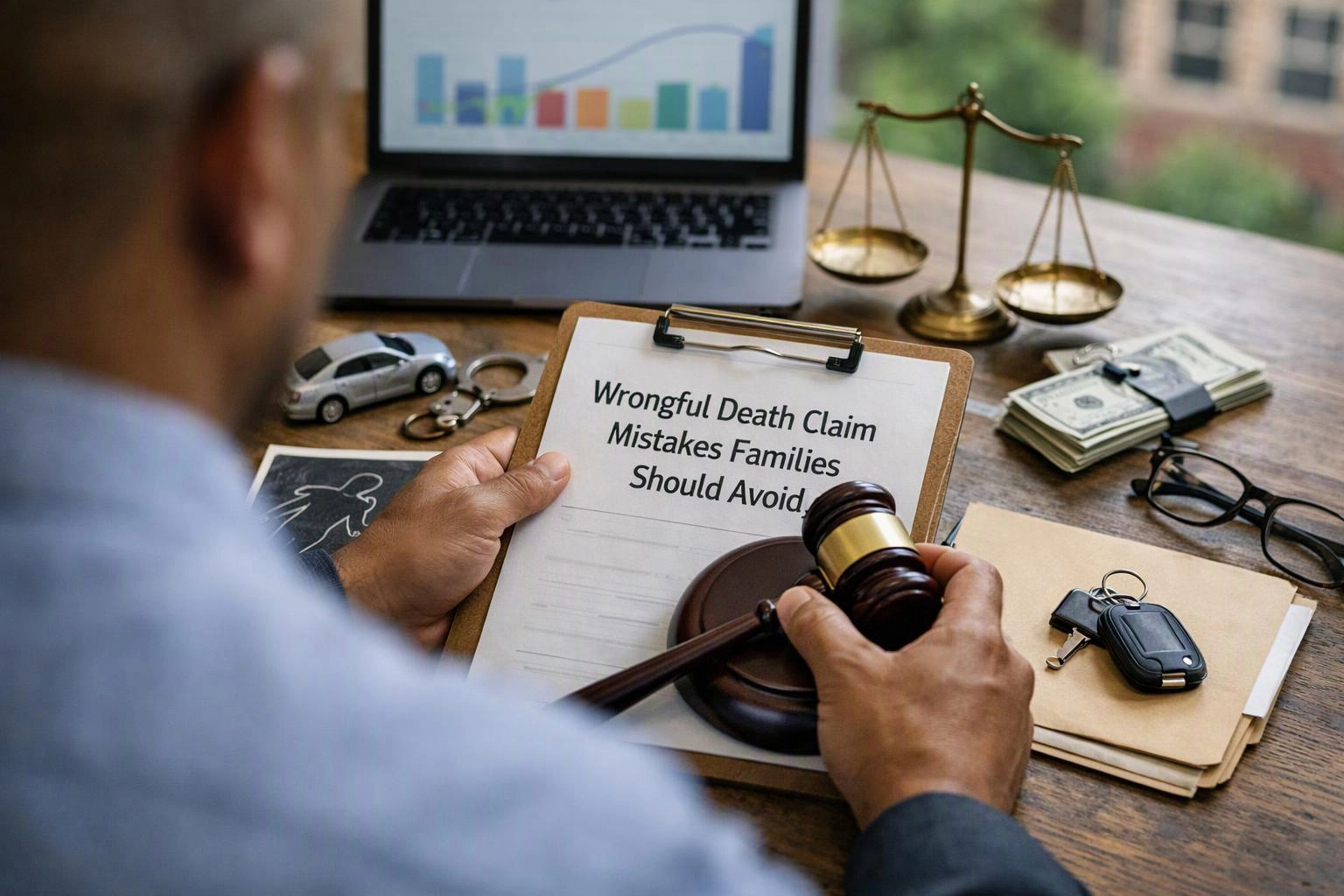 A person holds a gavel over a clipboard with legal text beside a laptop, scales, cash, and keys