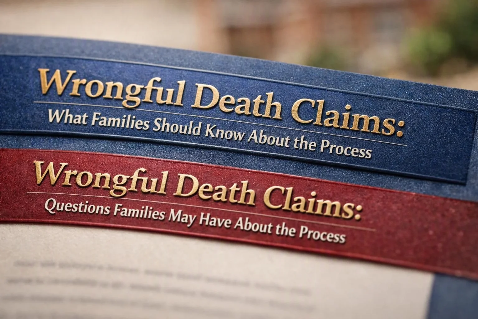 A close-up shows two legal brochure covers about wrongful death claims with gold text on blue and red bands