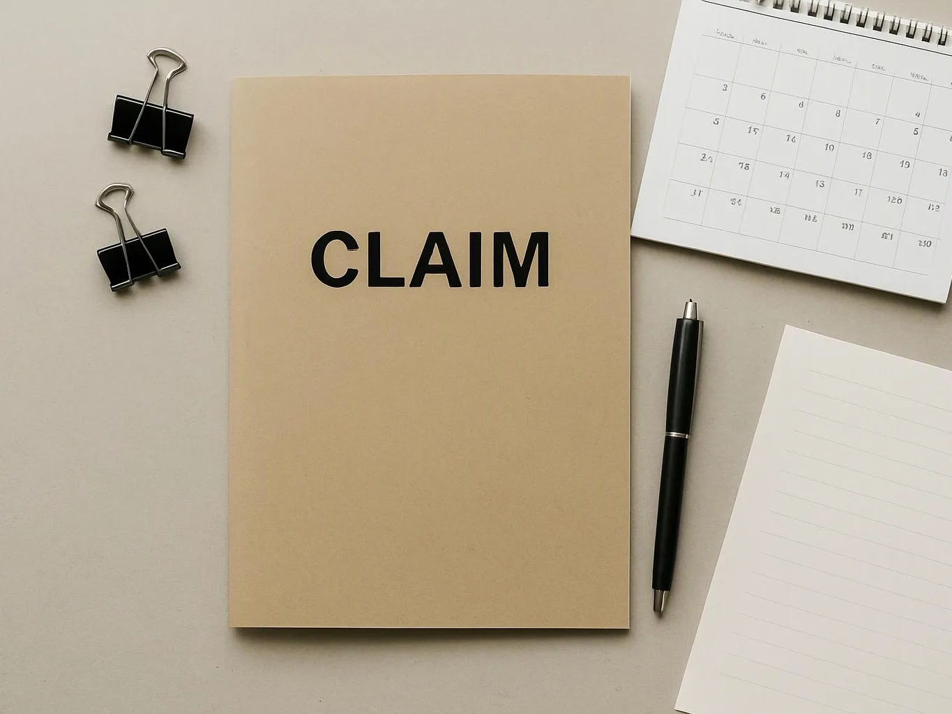 A beige folder labeled "CLAIM" sits beside a pen, binder clips, a calendar, and lined paper on a desk