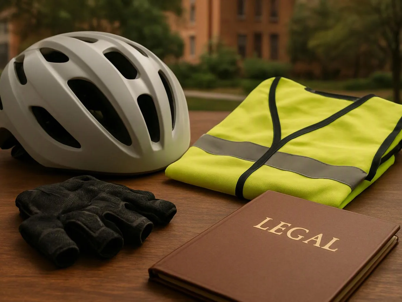 A bicycle helmet, reflective safety vest, gloves, and a legal book rest on a wooden table outdoors