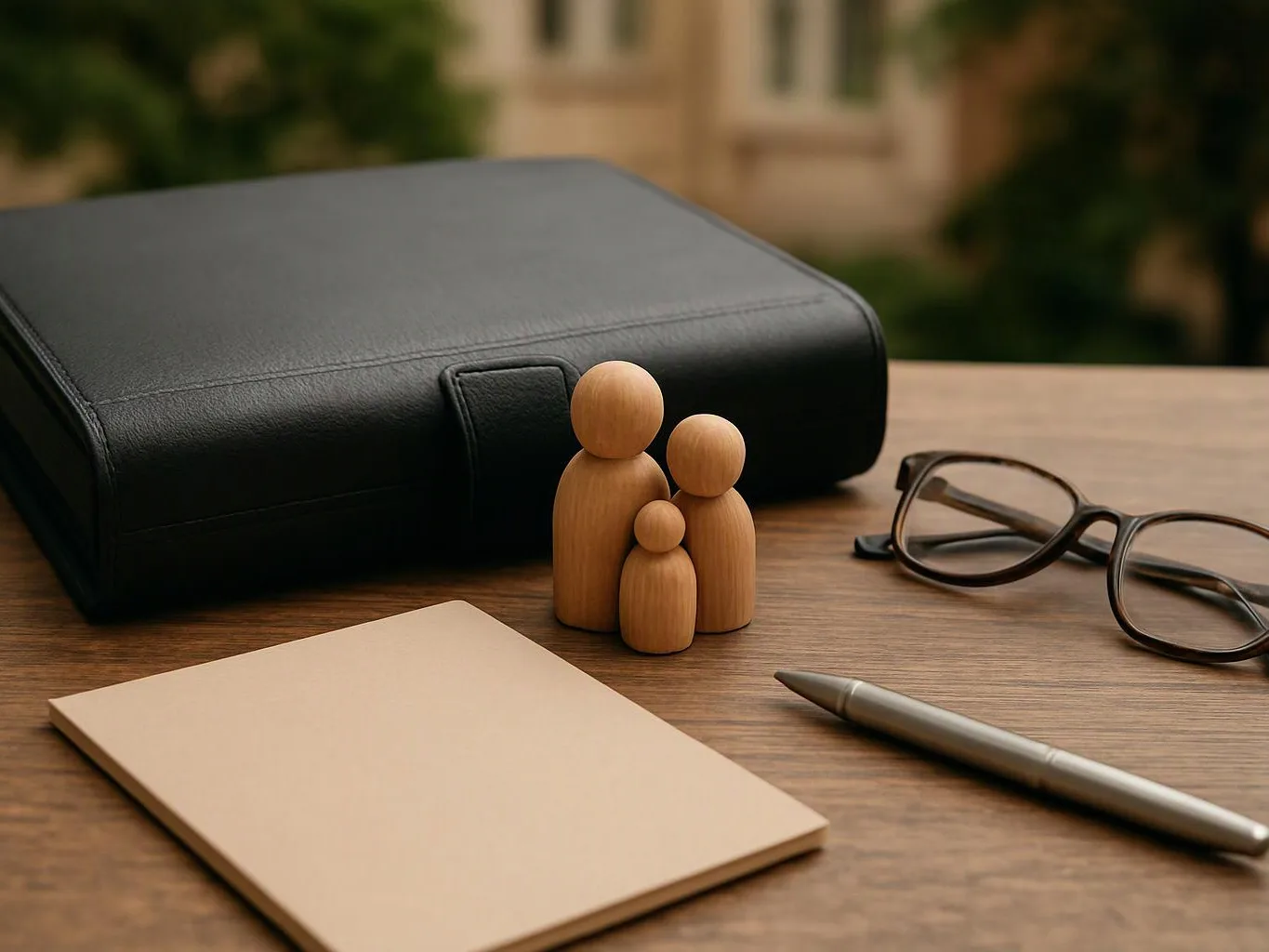 A black case, wooden family figurines, eyeglasses, pen, and blank notepad sit on a wooden table