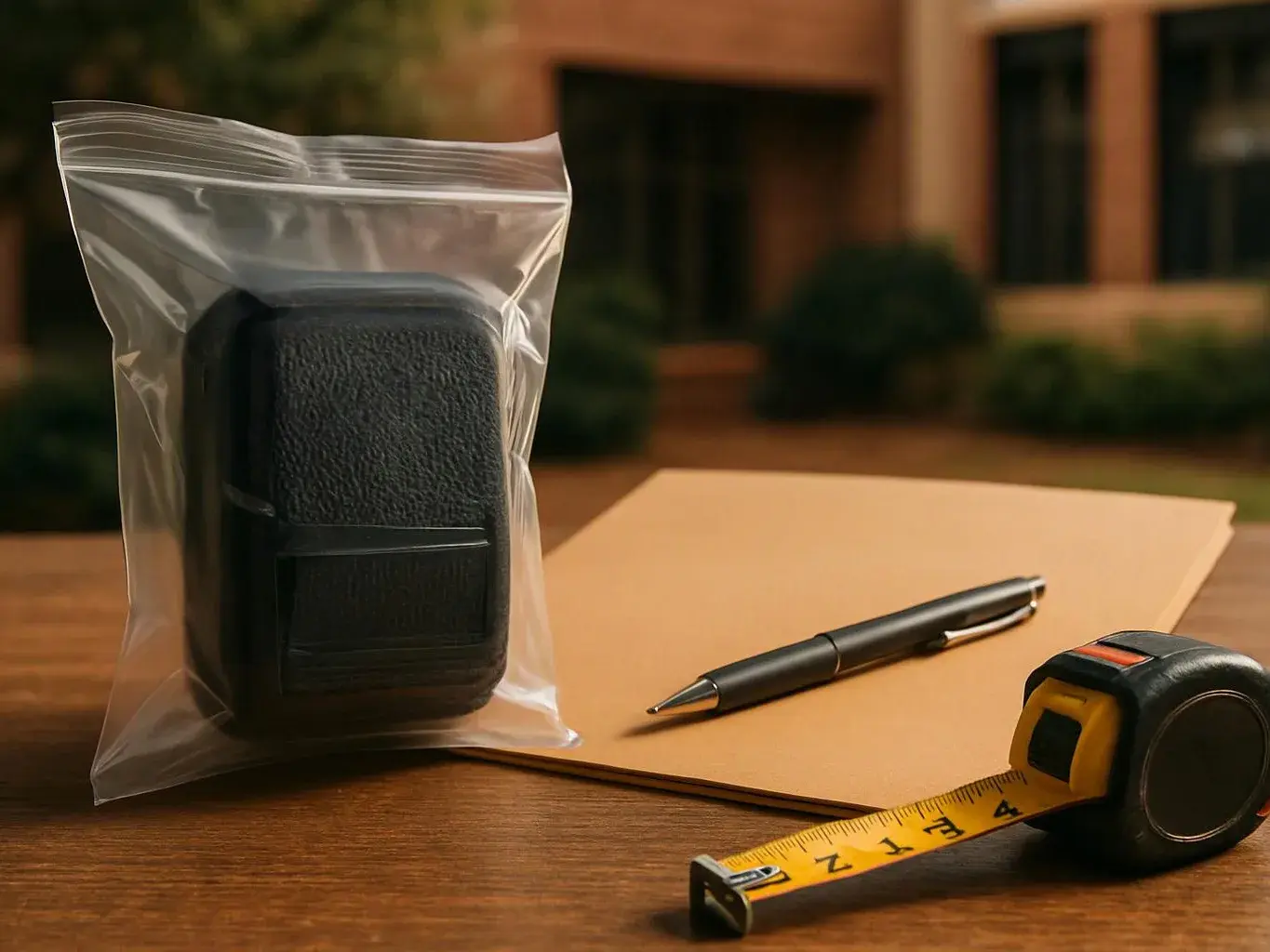 A black device in a clear plastic bag sits beside a notebook, pen, and tape measure on a wooden table