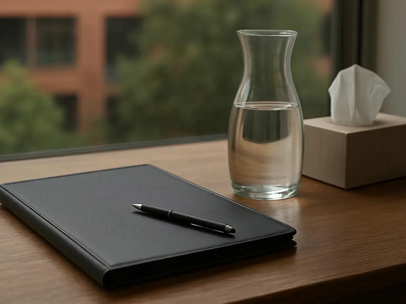 A black notebook and pen rest beside a water carafe and tissue box on a wooden desk by a window
