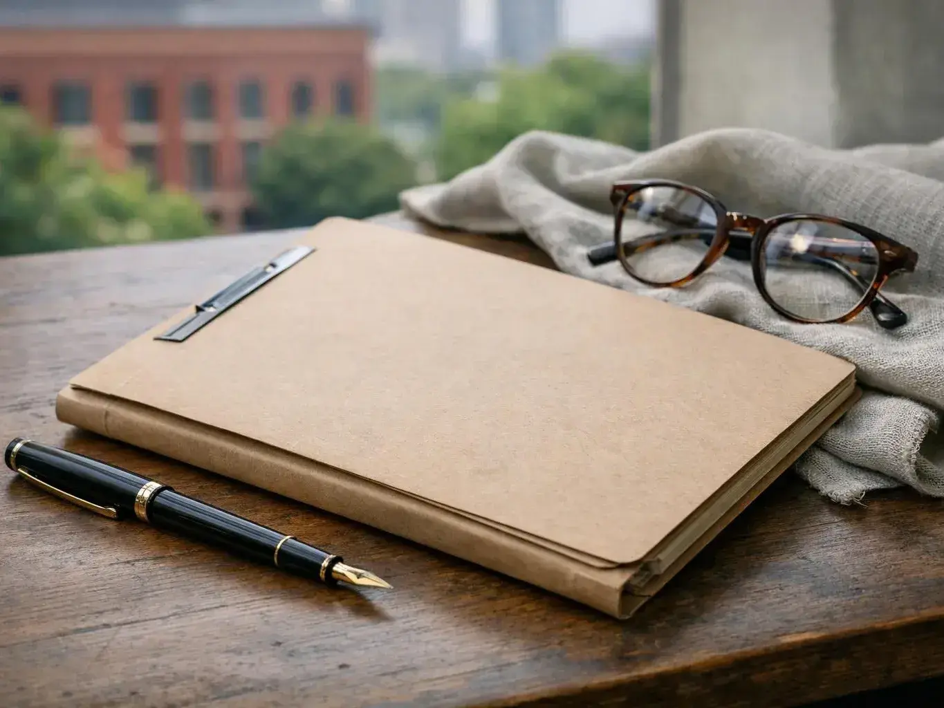 A blank clipboard, fountain pen, eyeglasses, and folded cloth rest on a wooden table by a window